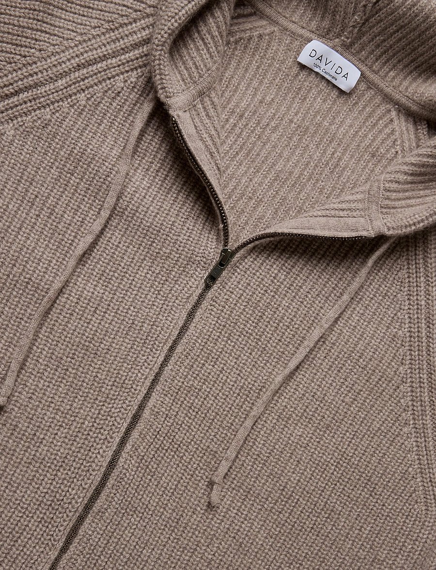 Davida Cashmere - man chunky rib hood - pullover mit durchgehendem reißverschluss - mink - 2