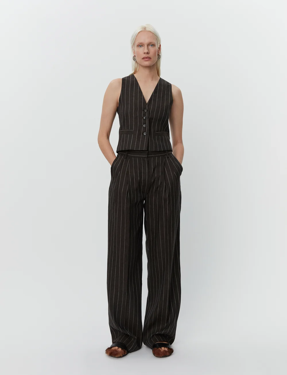 Day Birger et Mikkelsen - Enzo - Casual Linen Stripe - linbukser - chocolate brown - 0