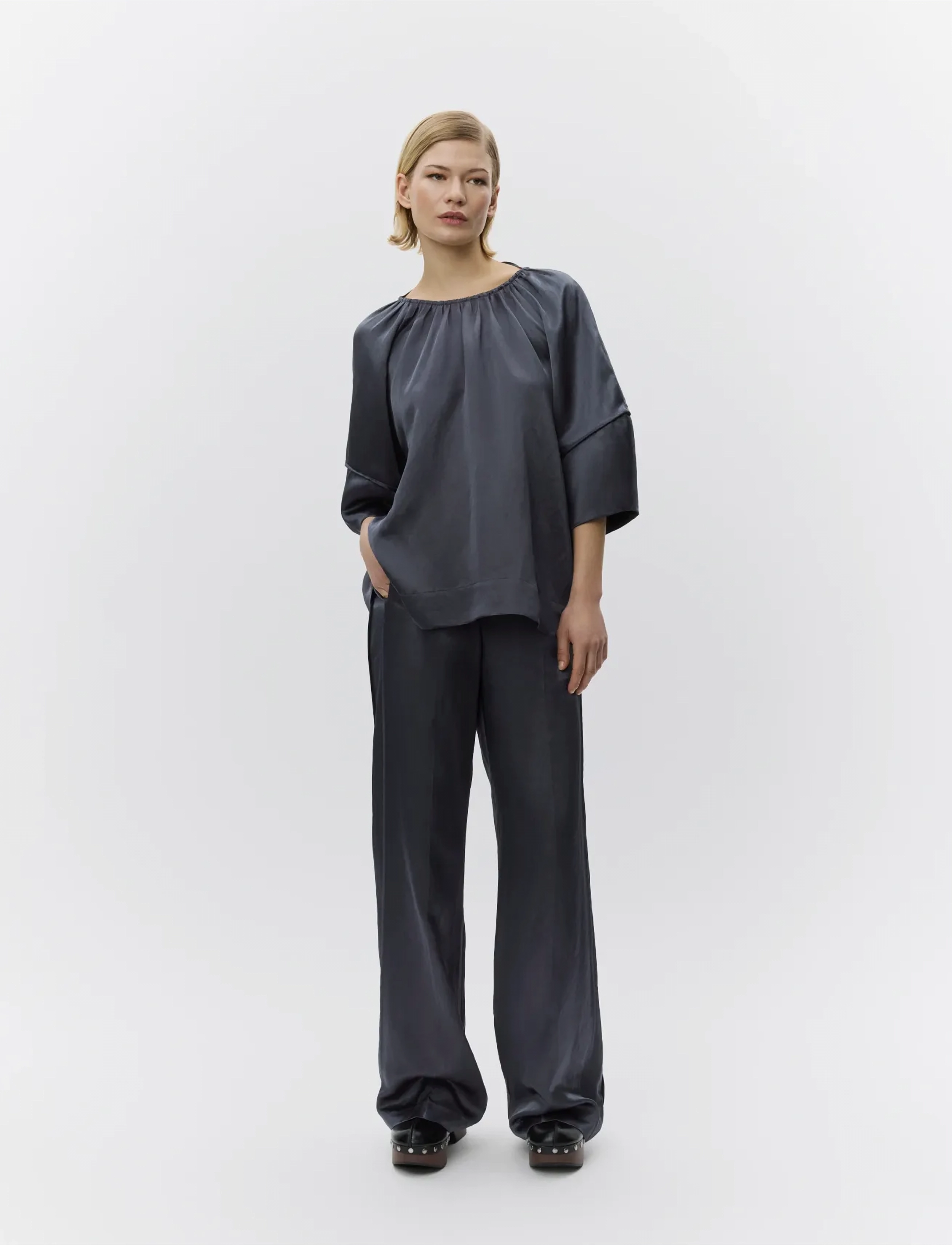Day Birger et Mikkelsen Elms High Shine Blend, 36, Trousers, Grau - Wide Leg, Frauen
