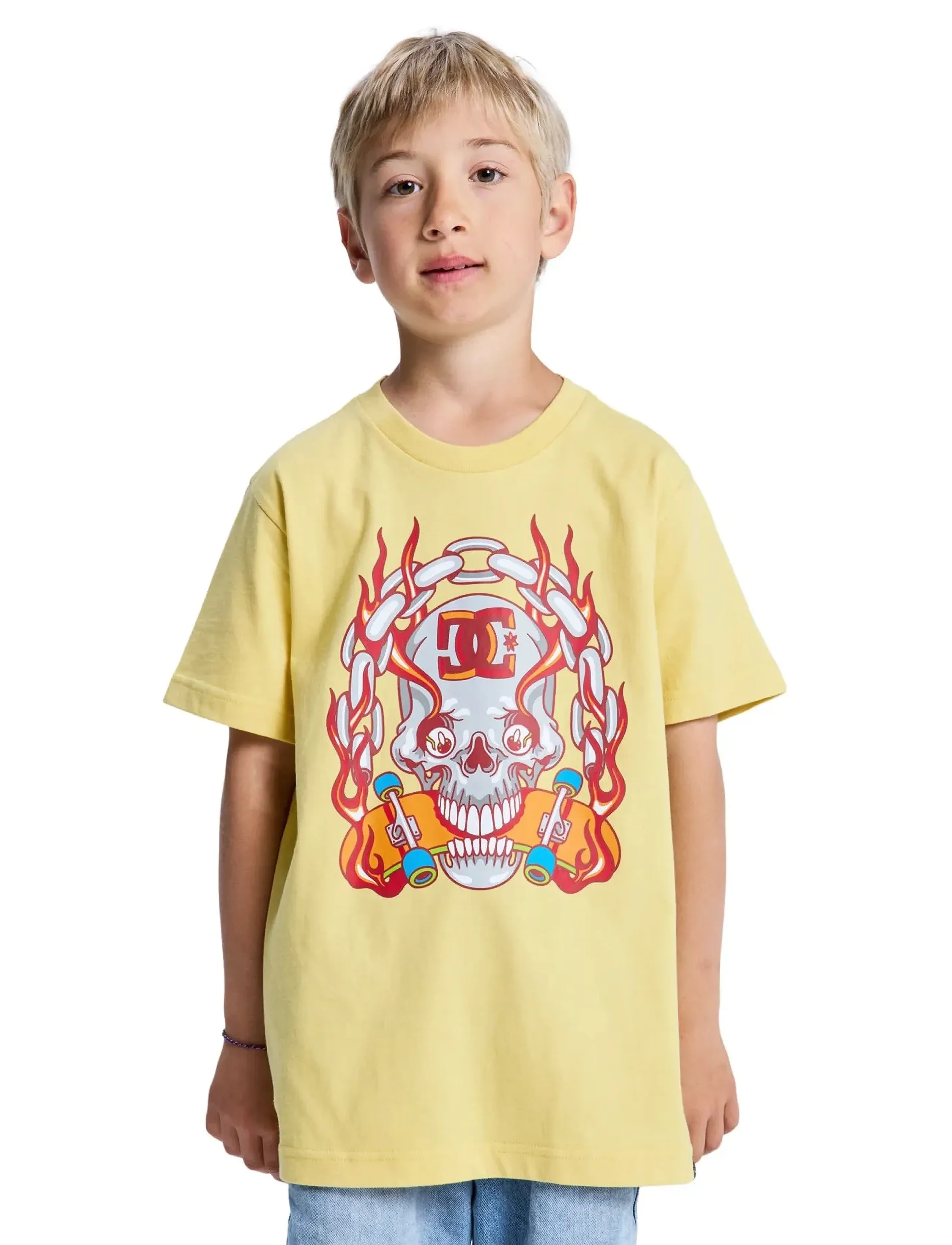 DC Burning Skull Youth Hss, 164, T-shirts, Gelb - Short-sleeved, Kinder