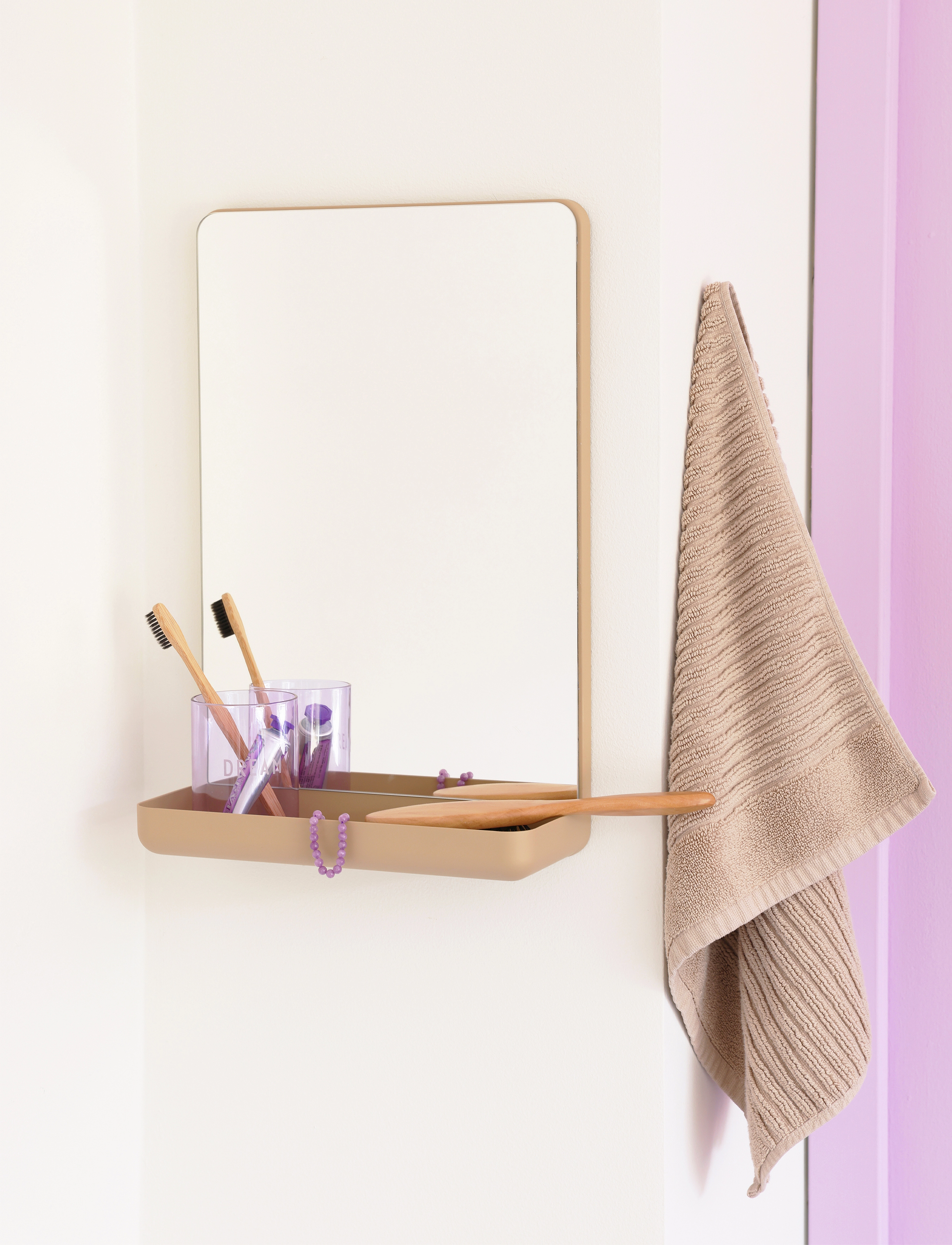 Design Letters Wall Mirror Shelf, 30X 11.2X 45 cm, Mirrors, Beige - Homeware
