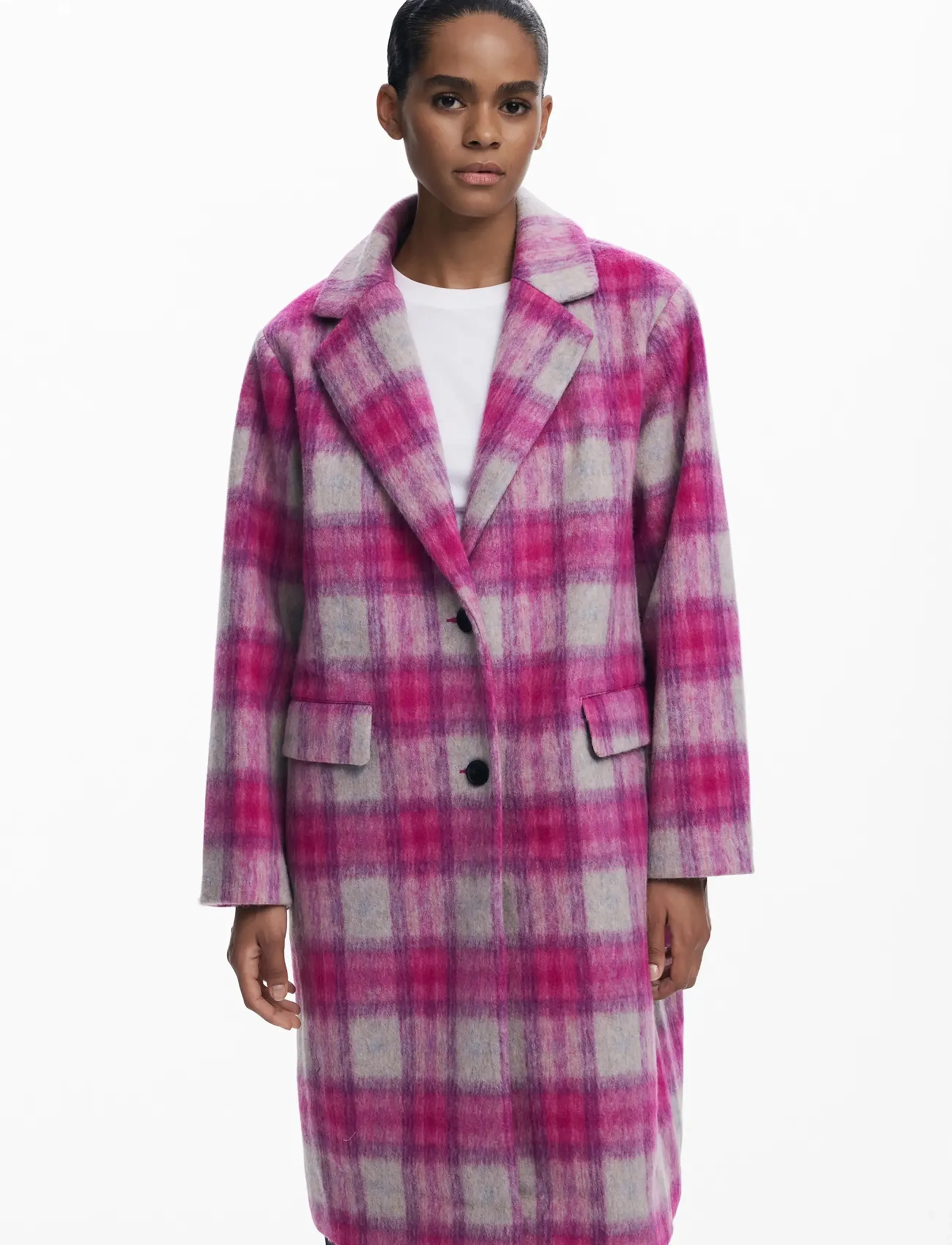 Desigual Coat Pinkcheck, M, Coats, Rosa - Wool Frauen