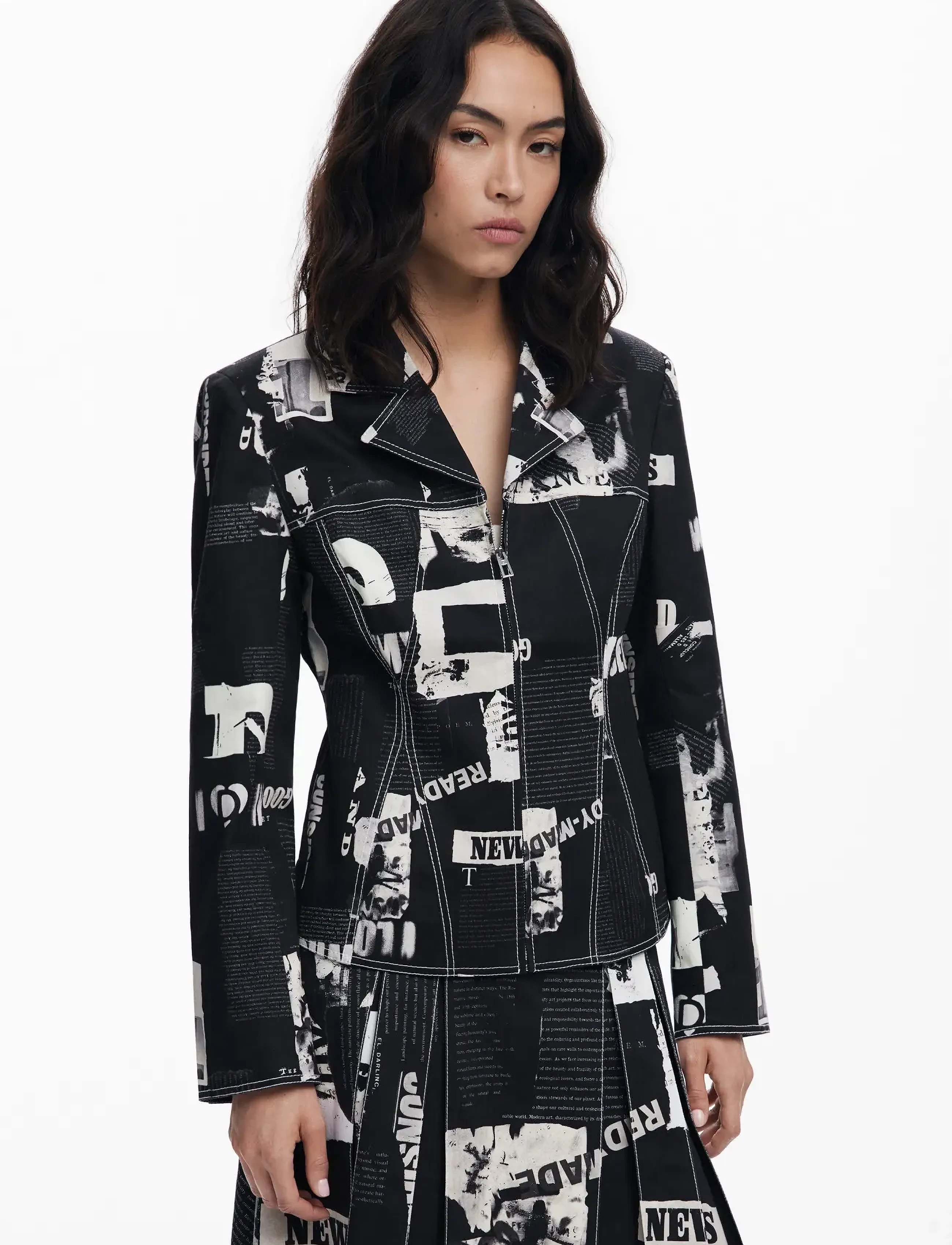 Desigual Blazer Newspaper B, Kvinder, Avisprint Blazer, Sort, Str: XS