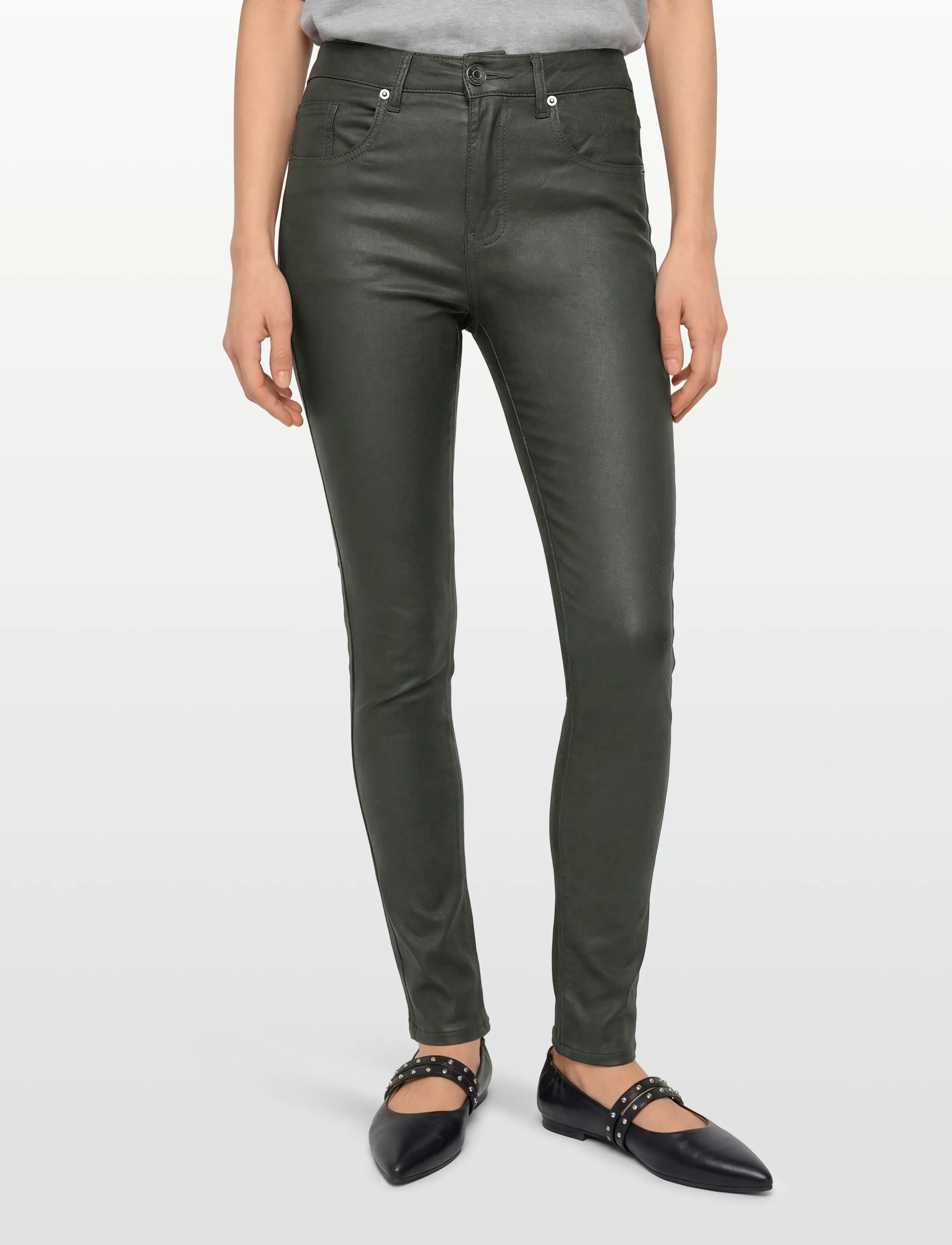DESIRES - Lola Midwaist Coated Pants - skinny jeans - beluga green - 3