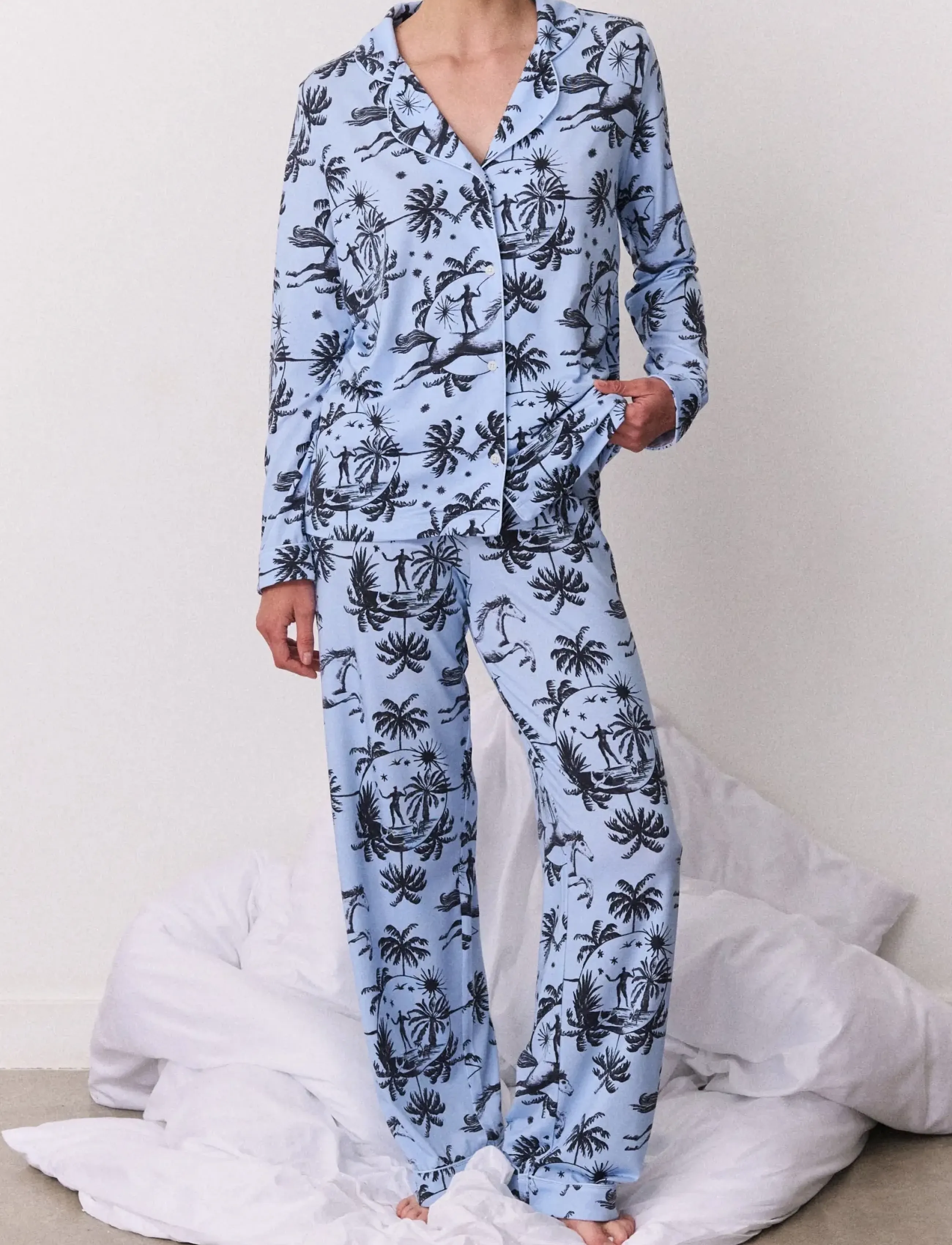 Desmond and Dempsey - Tigress Jersey Long Pyjama Set - pyjamas - blue/black - 0
