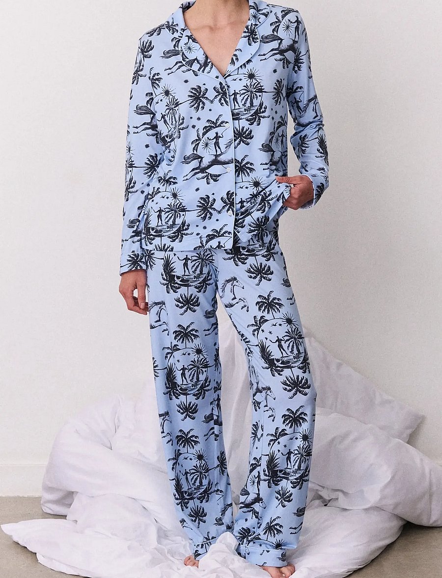 Desmond and Dempsey - Tigress Jersey Long Pyjama Set - pyjamas - blue/black - 0