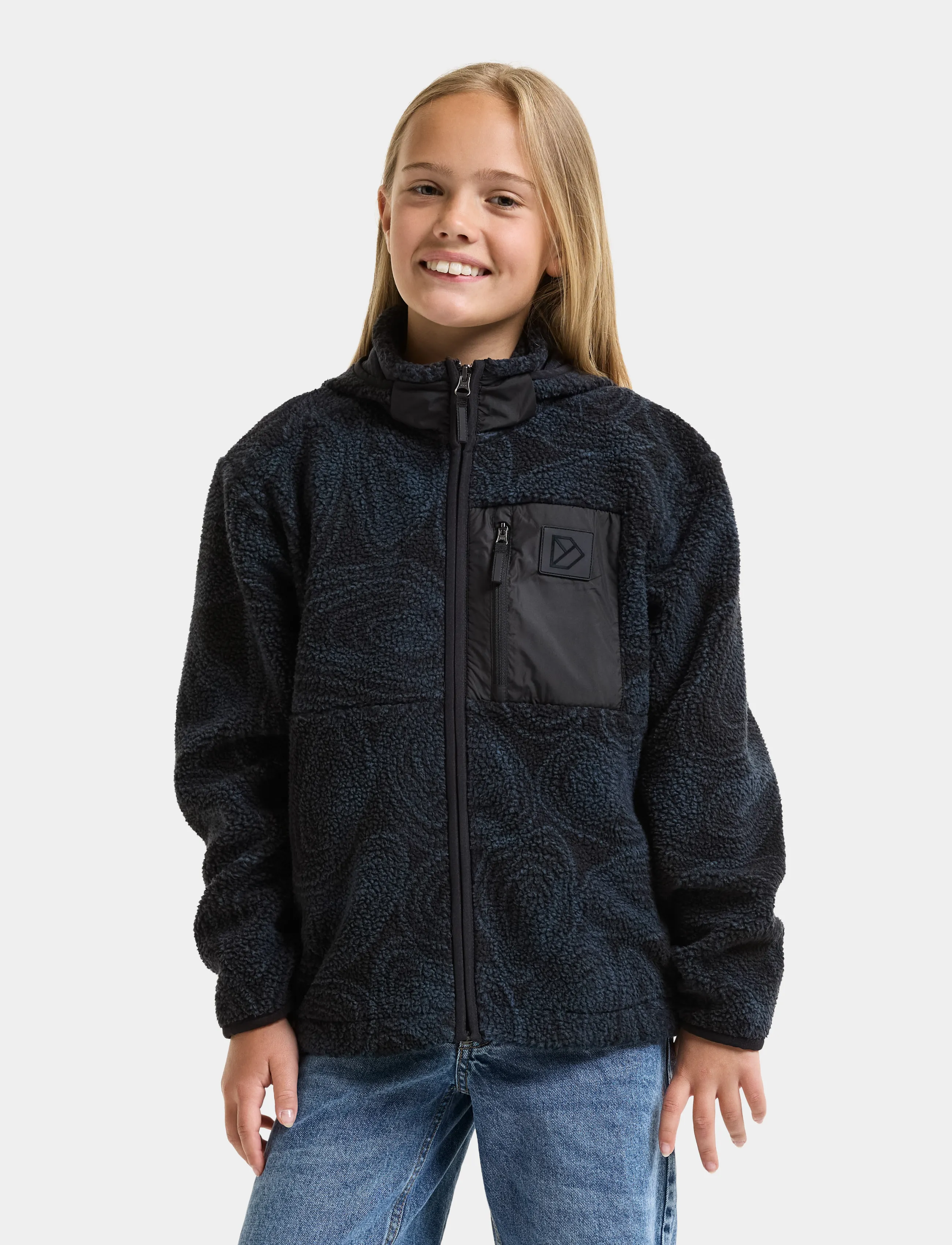 Didriksons Joule Kids' Printed Full-Zip, Børn, Børne Printet Hættefleecejakke, Sort, Str: 160