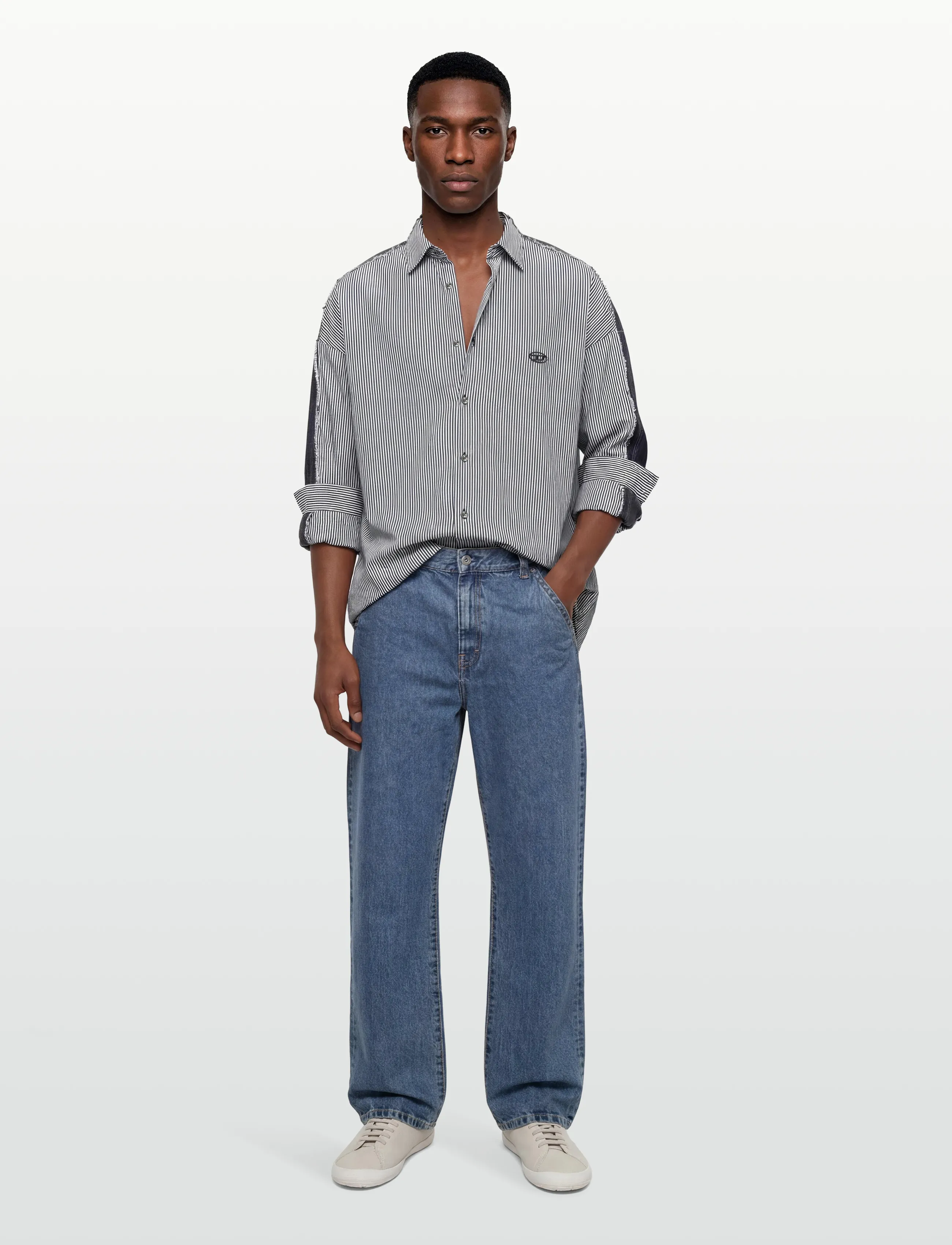 Diesel Striped Shirt With Denim Back, 50, Grey, Skjorter > Afslappet Shirts, Herre