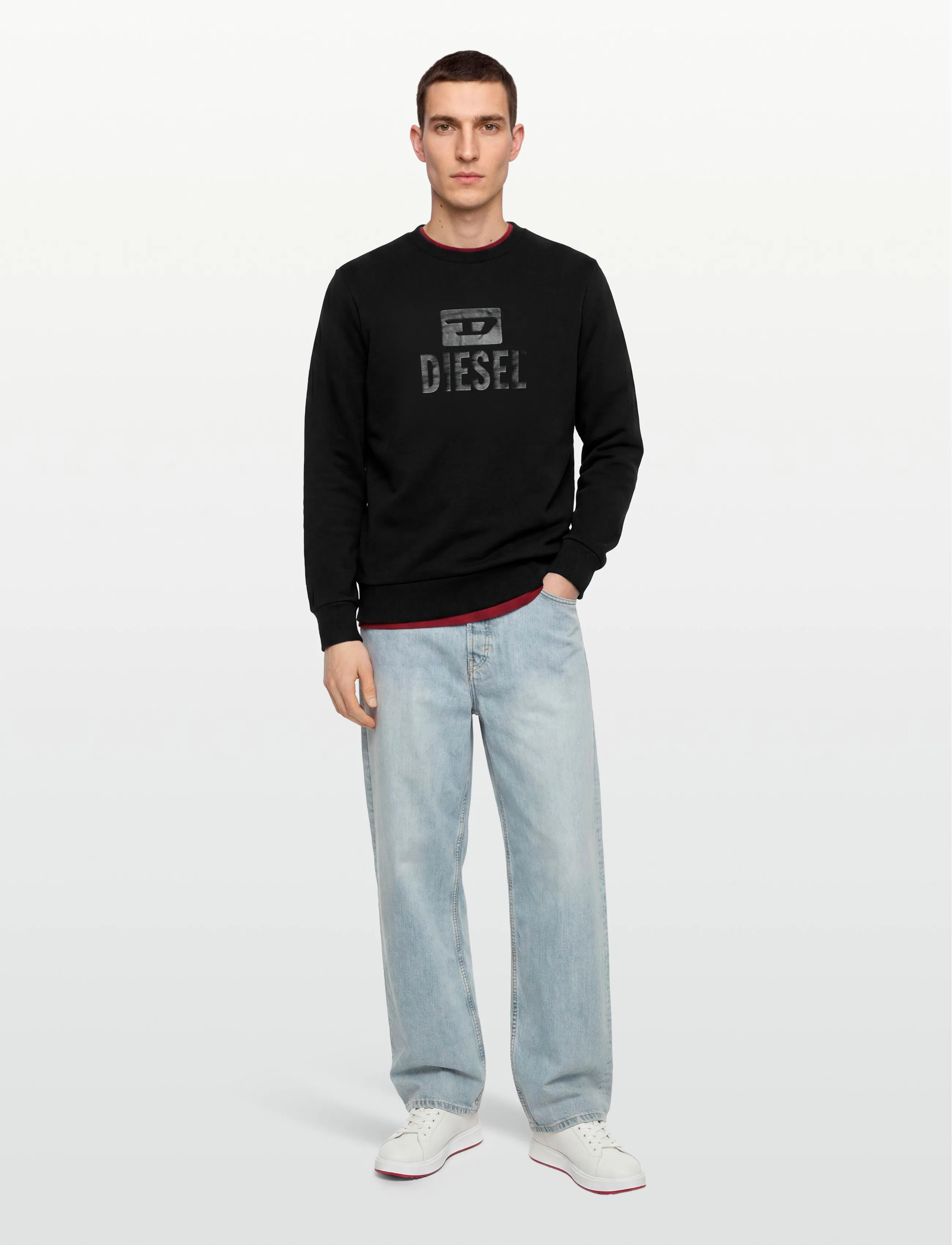 Diesel S-Gir-Crewneck Tone On Tone Felpa, Mænd, Crewneck Sweatshirt, Sort, Str: L