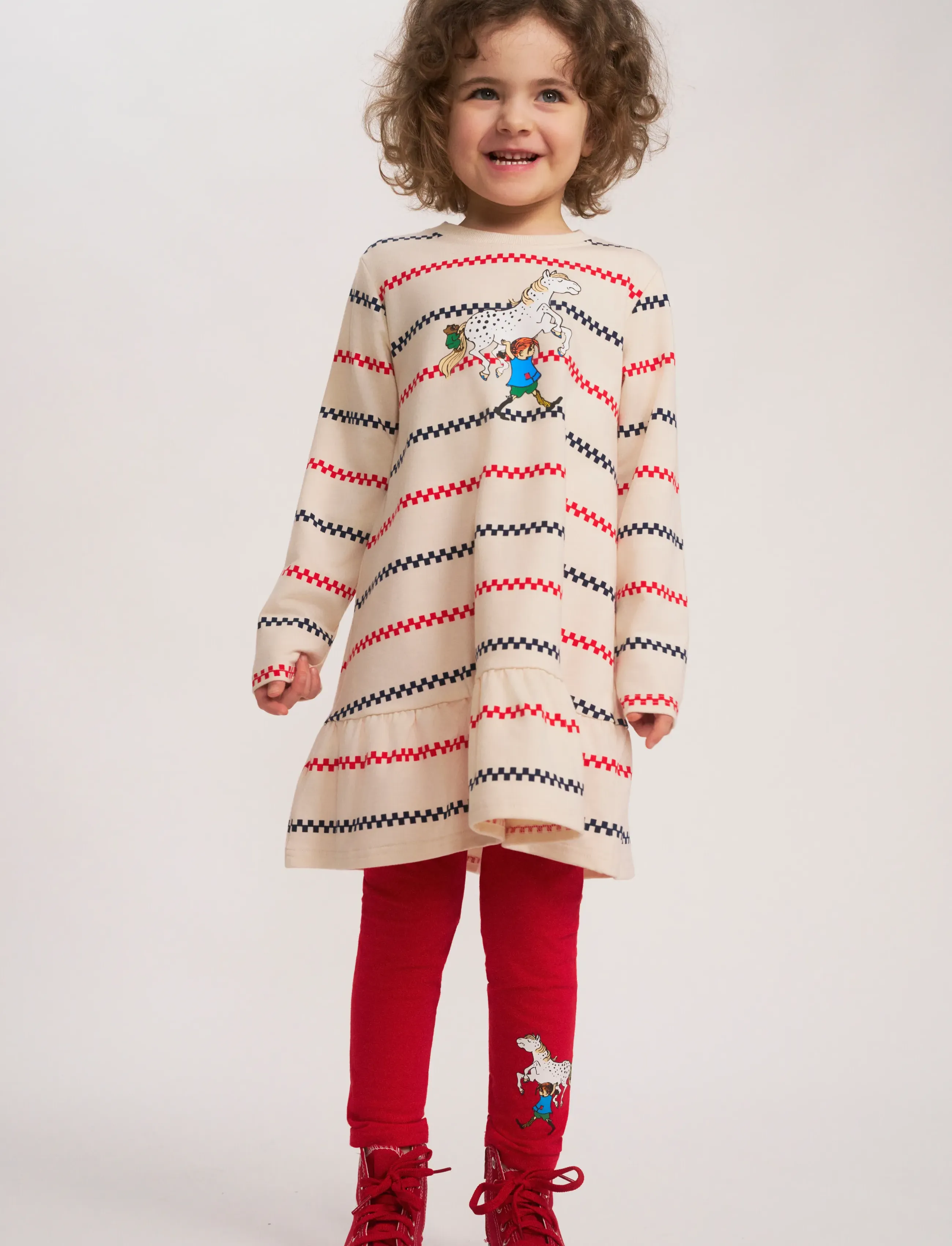 Pippi Langstrømpe Rutrand Collklänning, 110, Casual Dresses, Creme - Long-sleeved Kinder