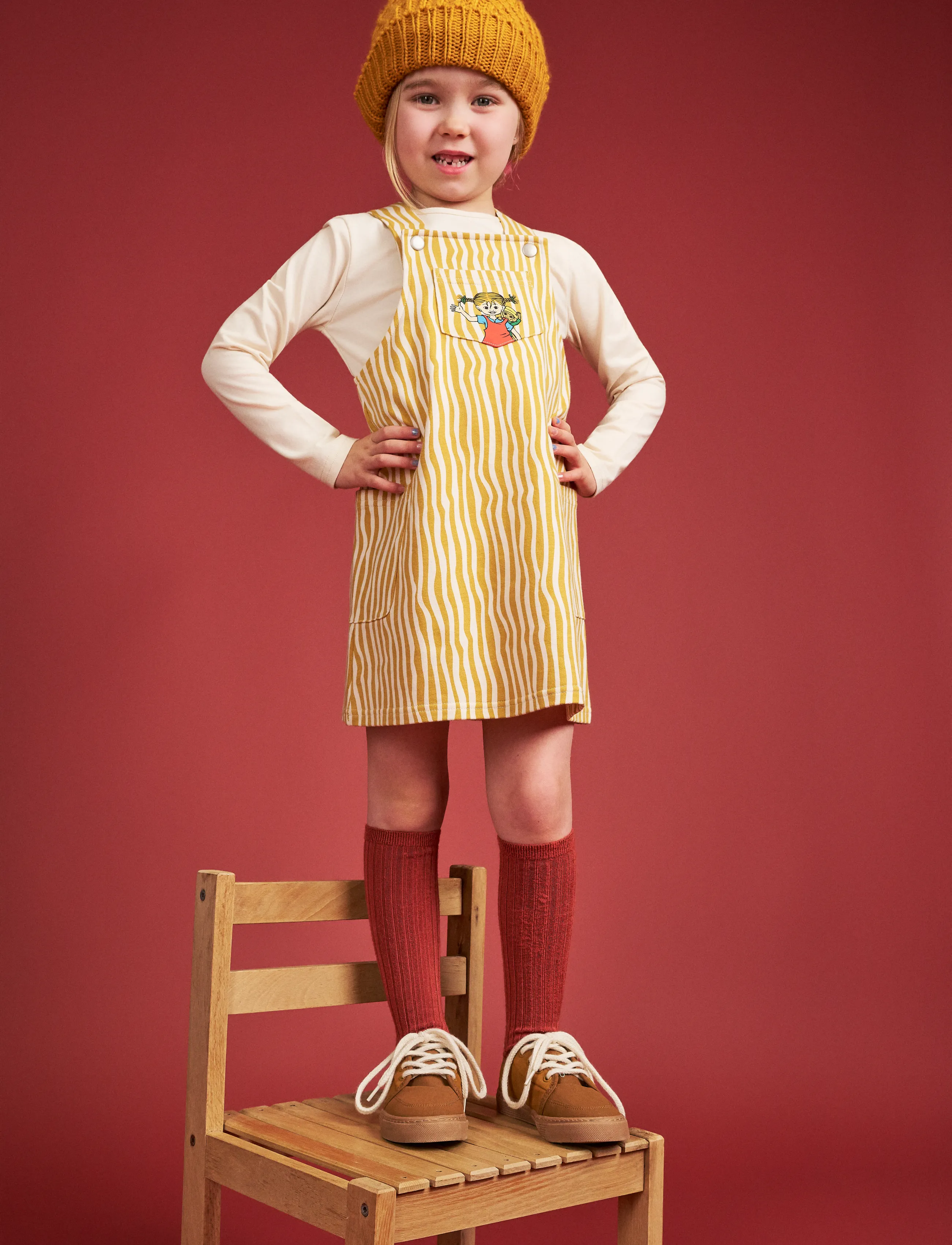 Pippi Langstrømpe Streck Hängselklänning, 116, Yellow, Kjoler > Dungaree-Kjole, Børn