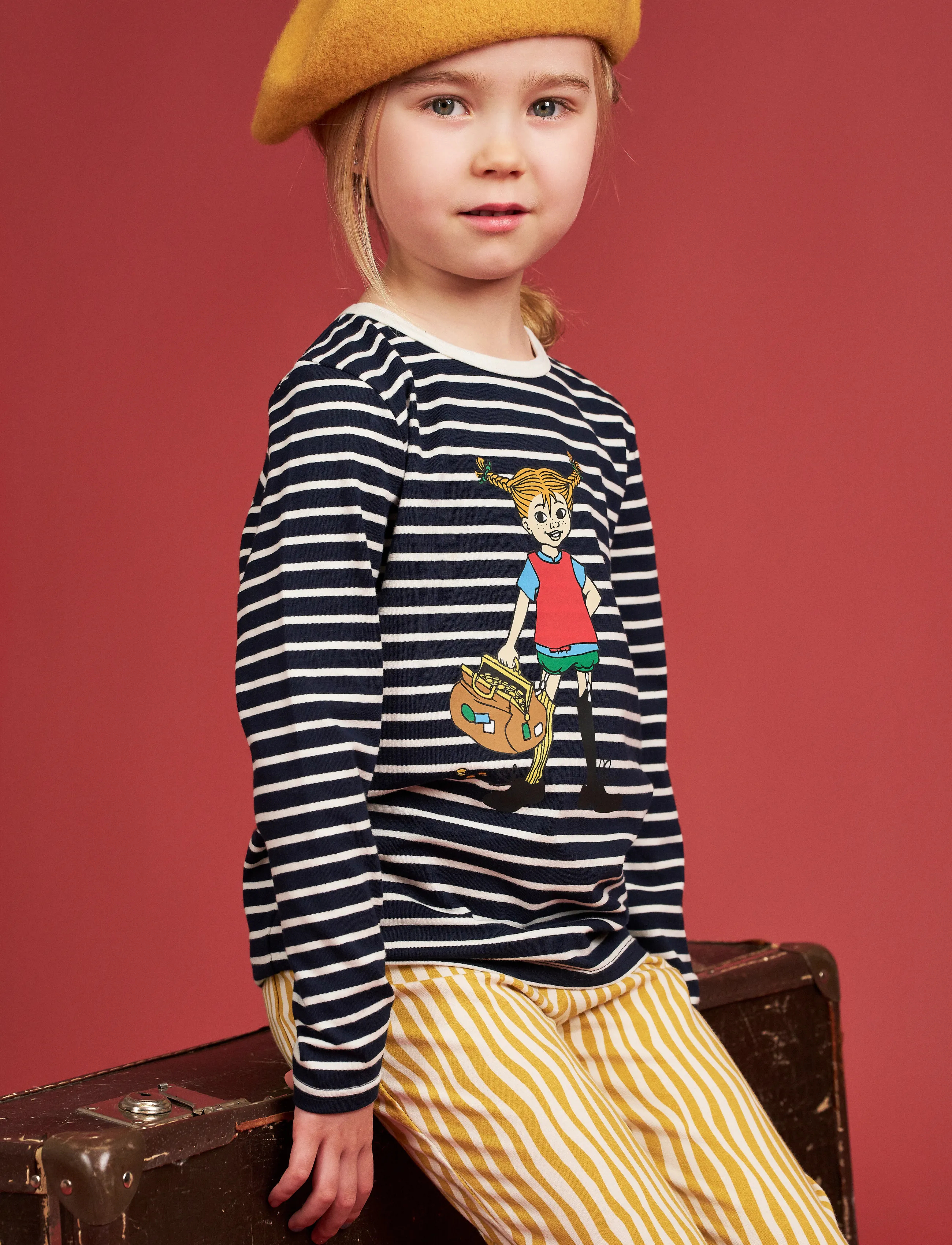 Pippi Langstrømpe Rika Pippi Tröja, Børn, Stribet Pippi Print Langærmet Top, Navy, Str: 110
