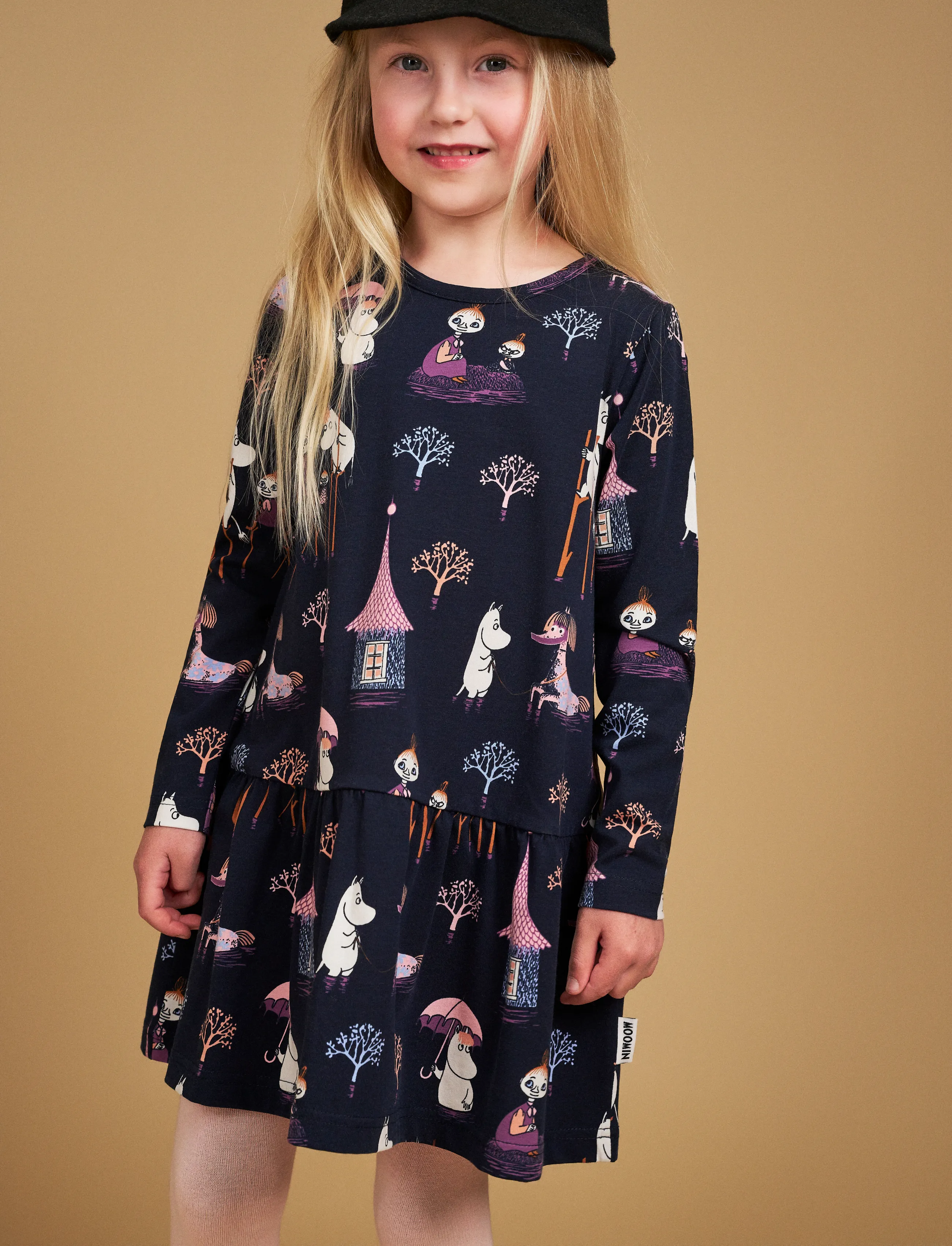 MUMIN Översvämning Klänning, Børn, Langærmet Flæsekjole, Navy, Str: 98