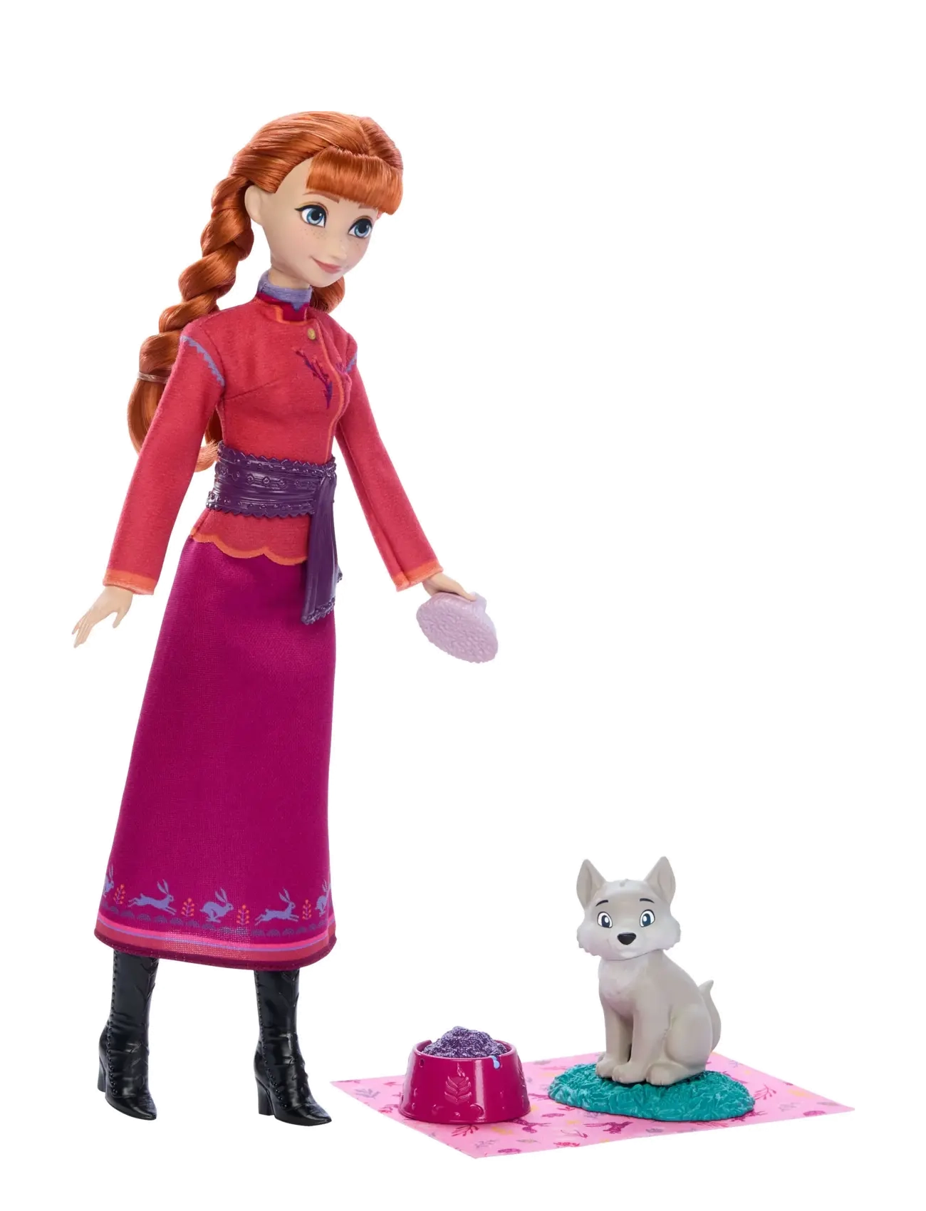Frost - Disney Frozen Anna Fashion Doll & Wolf Cub Figure with 4 Nurturing Accessories Inspired by Movie - dukker - multi color - 4