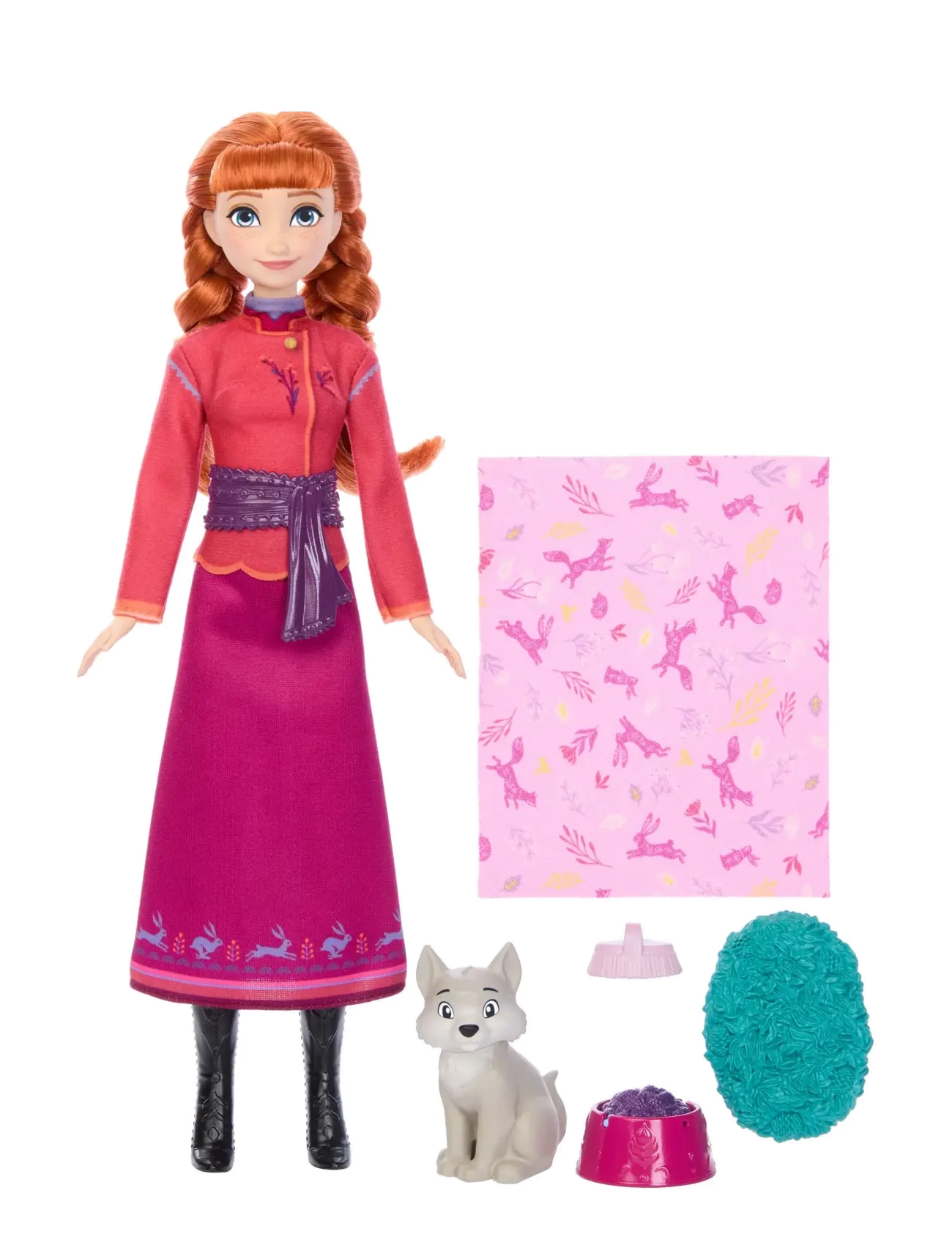Disney Frozen - Disney Frozen Anna Fashion Doll & Wolf Cub Figure with 4 Nurturing Accessories Inspired by Movie - laveste priser - multi color - 5