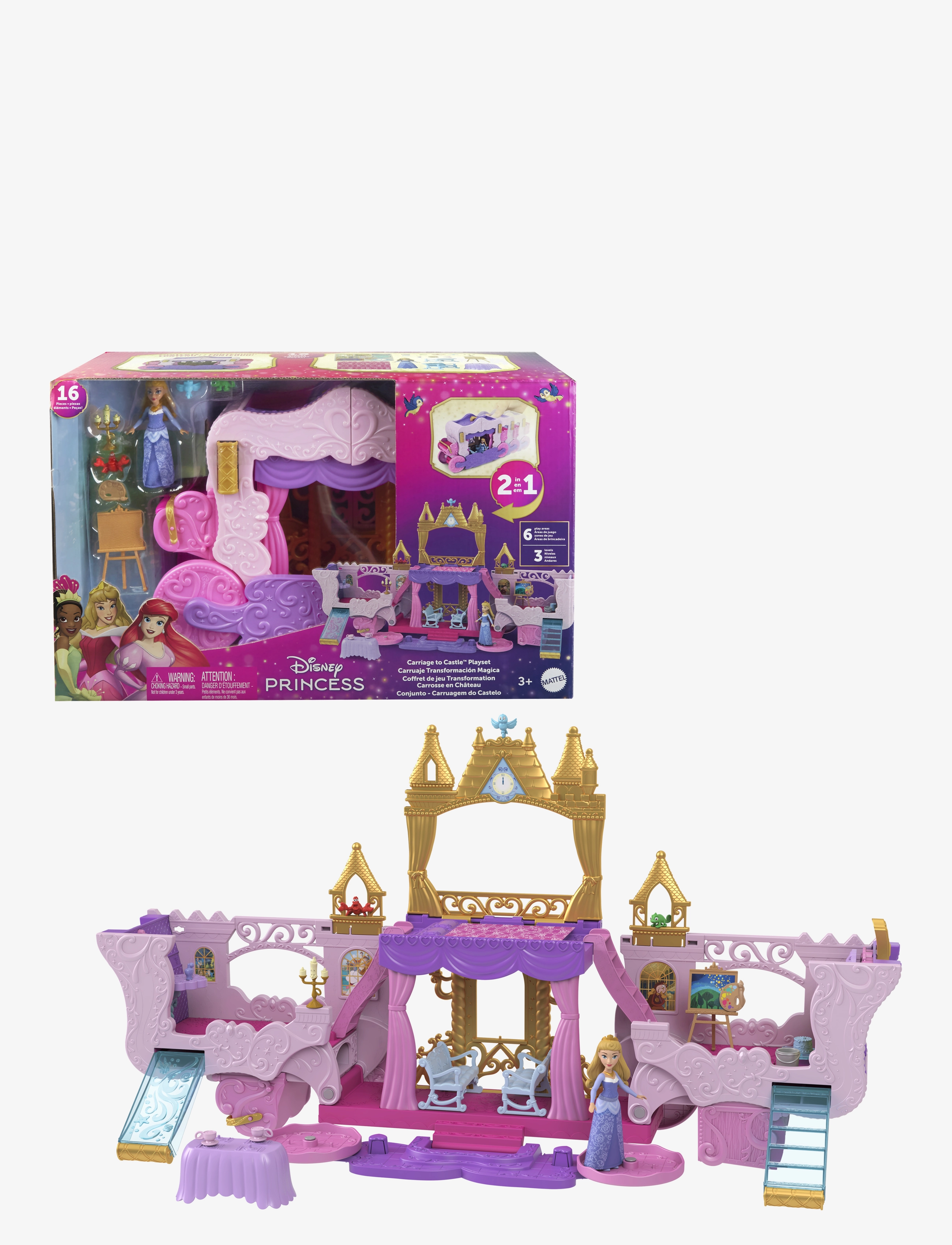 Disney Princess - Disney Princess Carriage to Castle Transforming Playset with Aurora Small Doll, 4 Figures & 3 Levels - presentidéer - multicolor - 3