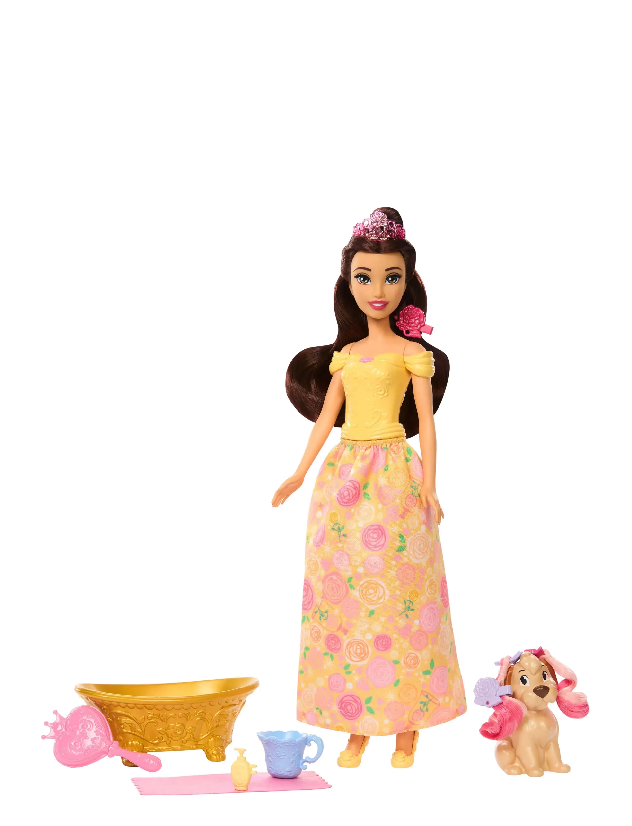 Disney Princess Bathe & Brush Belle Fashion Doll & Dog Figure With Color Change & Accessories, Børn, Dolls, Multi/mønstret, Str: ONE SIZE