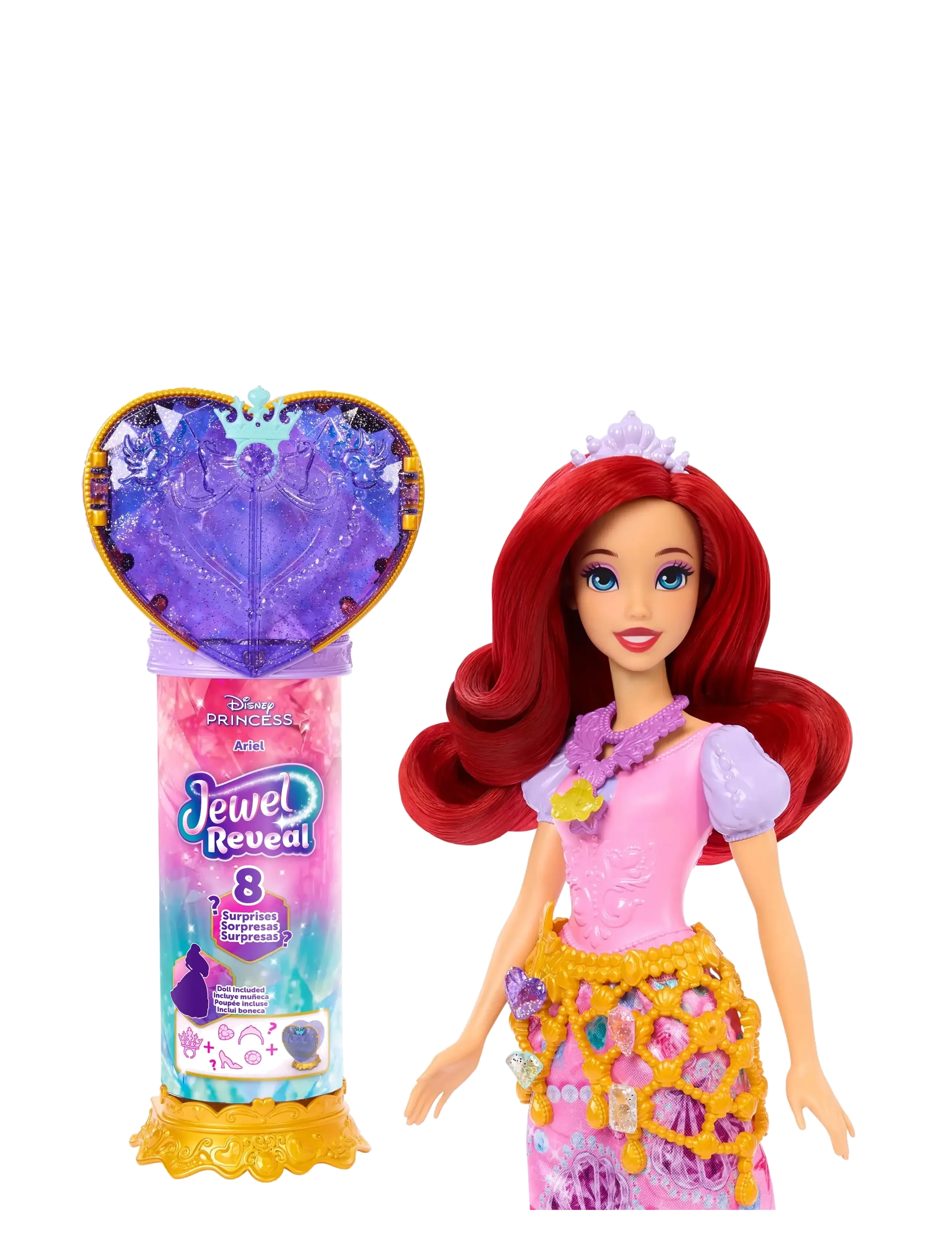 Disney Princess Jewel Reveal Ariel Fashion Doll W/ 8 Surprises Including Gem Box & 10 Accessories, Børn, Dolls, Pink, Str: ONE SIZE