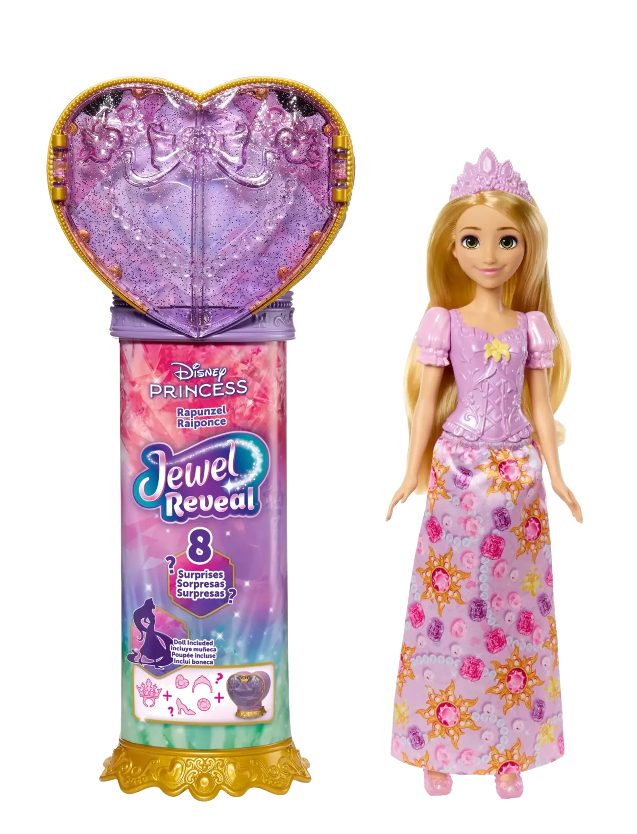 Disney Princess Disney Princess Jewel Reveal Rapunzel Fashion Doll W/ 8 Surprises Including Gem Box & 10 Accessories, One Size, Purple, Dukker Og Tilb