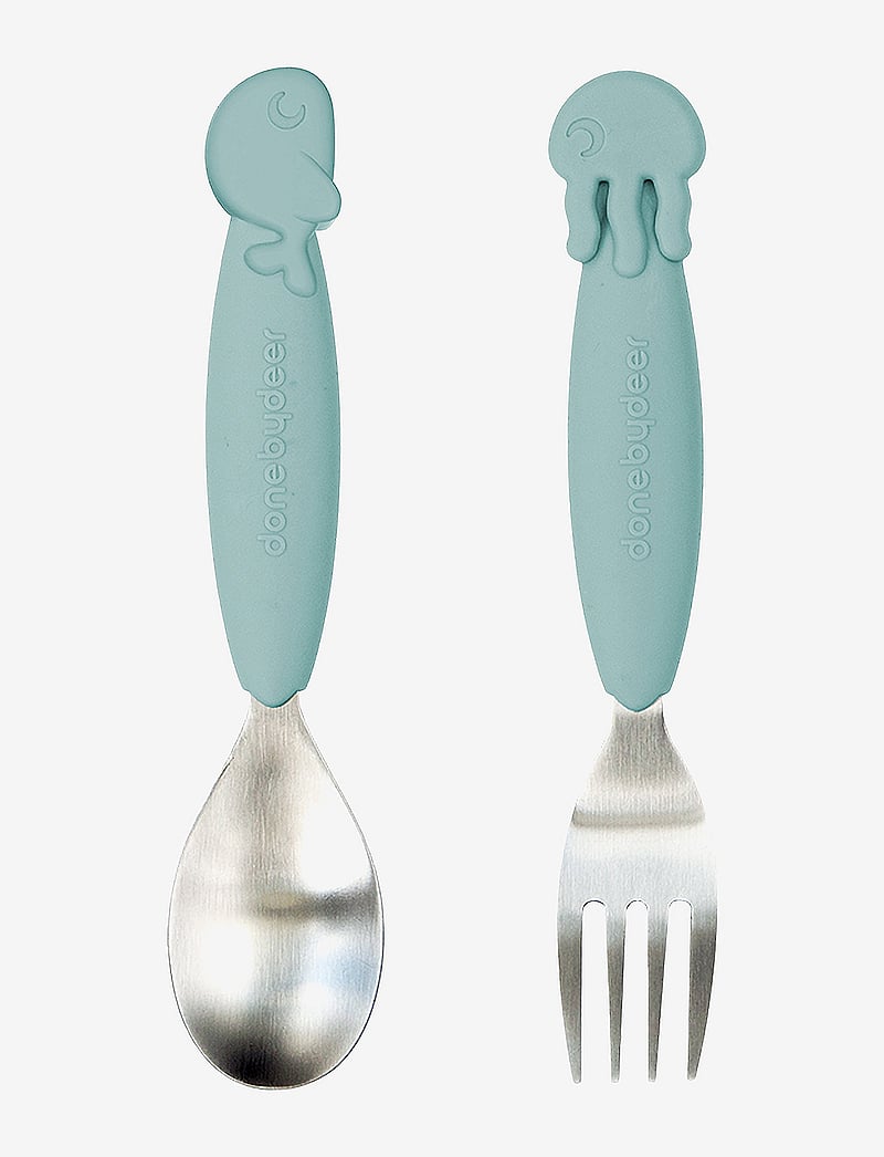 Done by Deer - Easy-grip spoon & fork set Sea friends Blue - Õhtusöögikomplektid - blue - 0