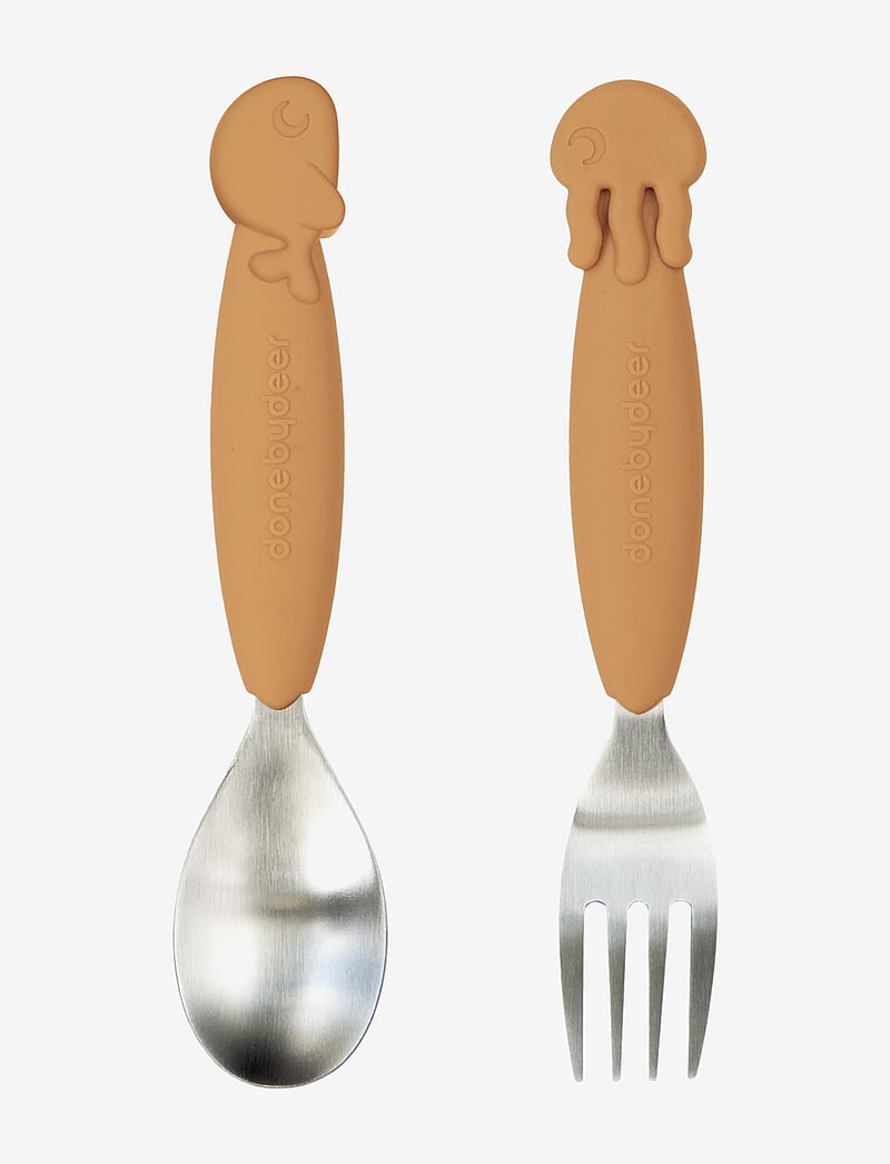 Done by Deer - Easy-grip spoon & fork set Sea friends Mustard - Õhtusöögikomplektid - mustard - 0