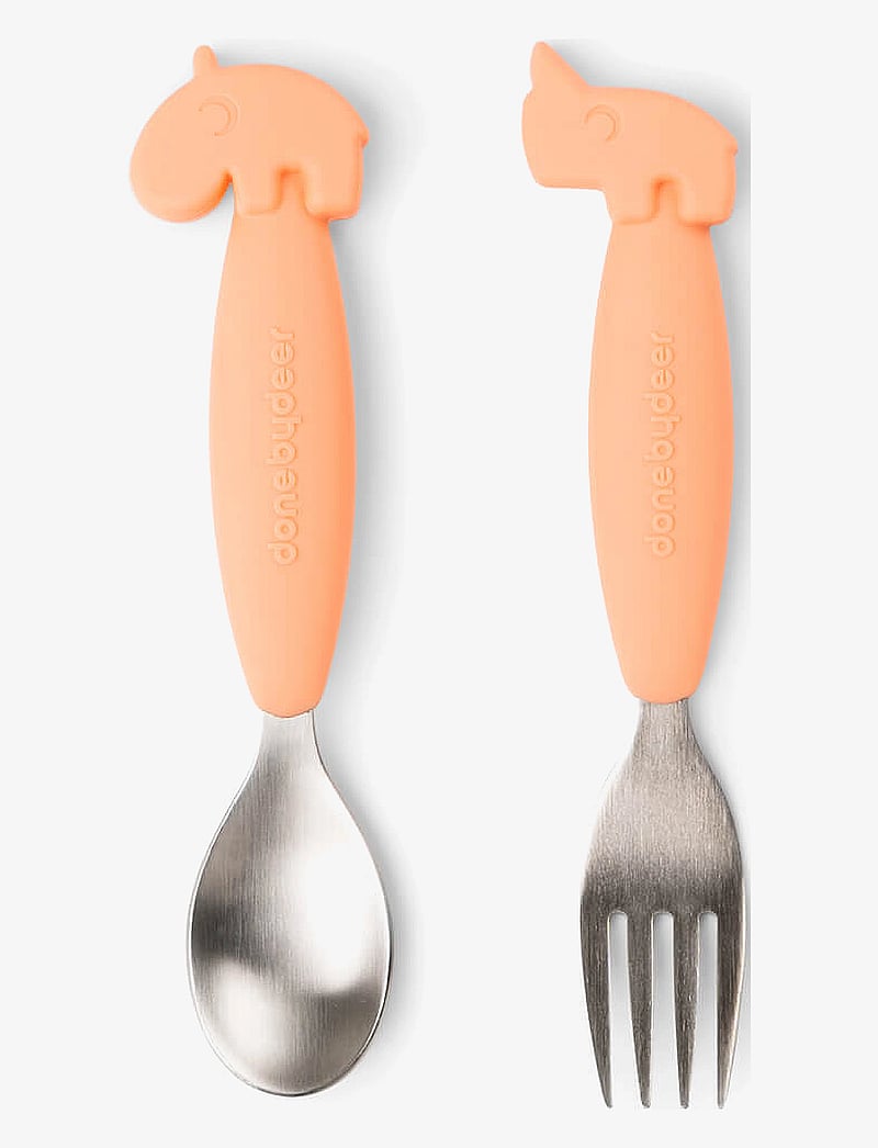 Done by Deer - Easy-grip spoon and fork set Deer friends Coral - serveringsset - coral - 0