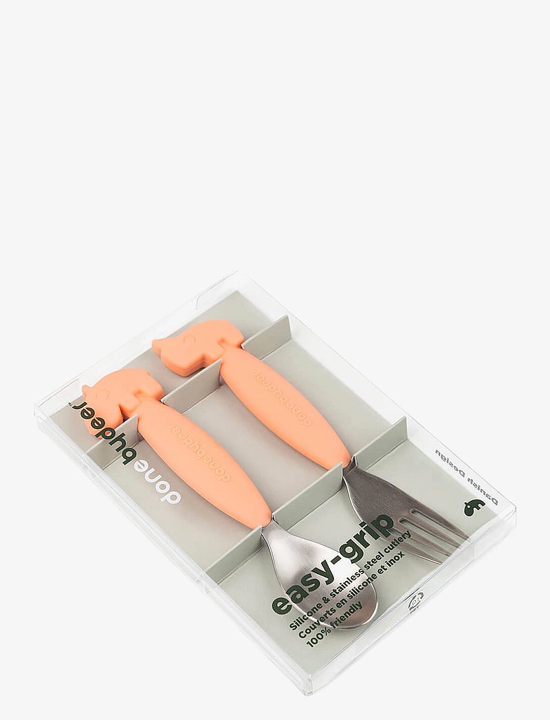 Done by Deer - Easy-grip spoon and fork set Deer friends Coral - serveringsset - coral - 2