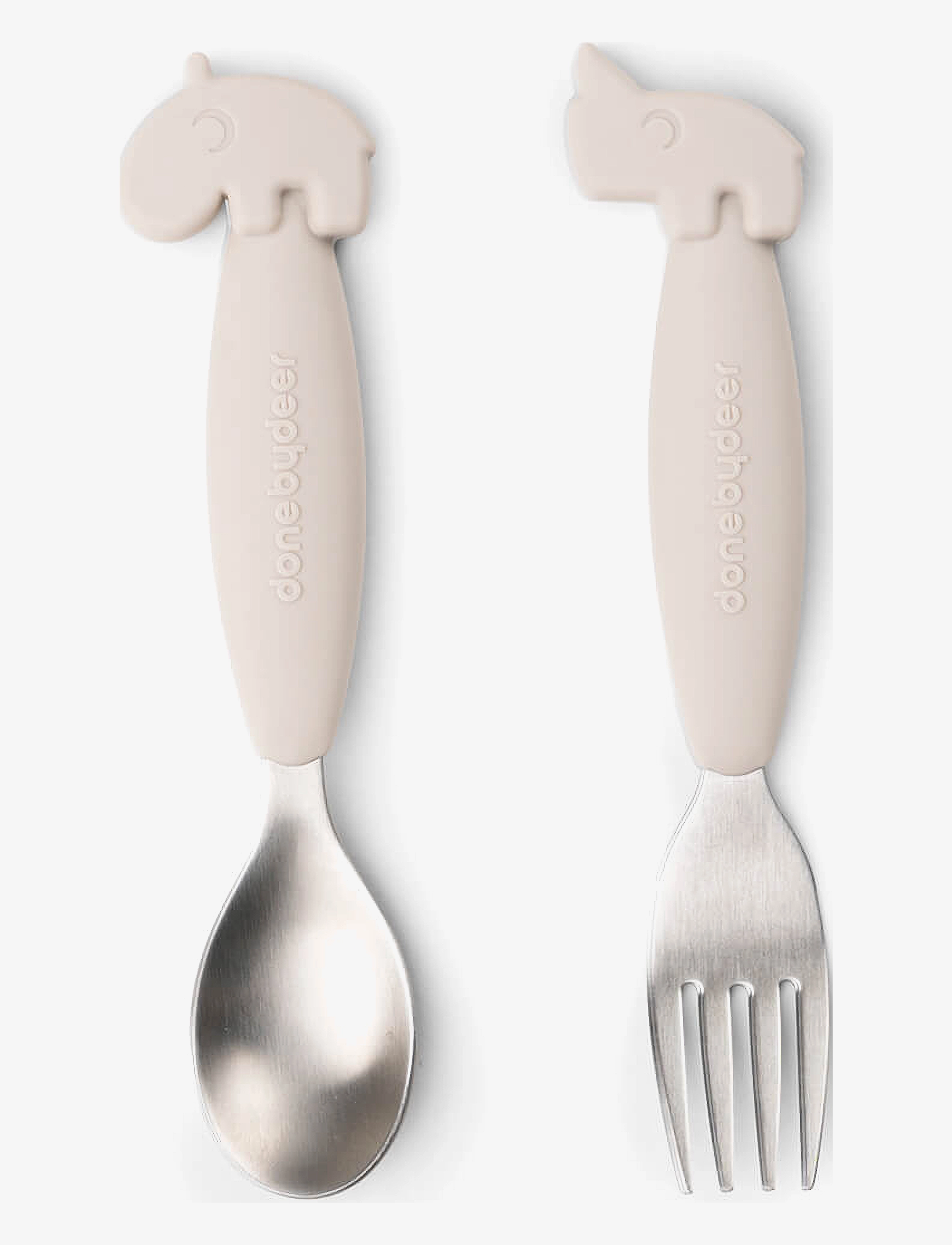 Done by Deer Easy-Grip Spoon And Fork Set Deer Friends Sand, H:14.4 cm, Beige, Måltid > Bestik, Børn