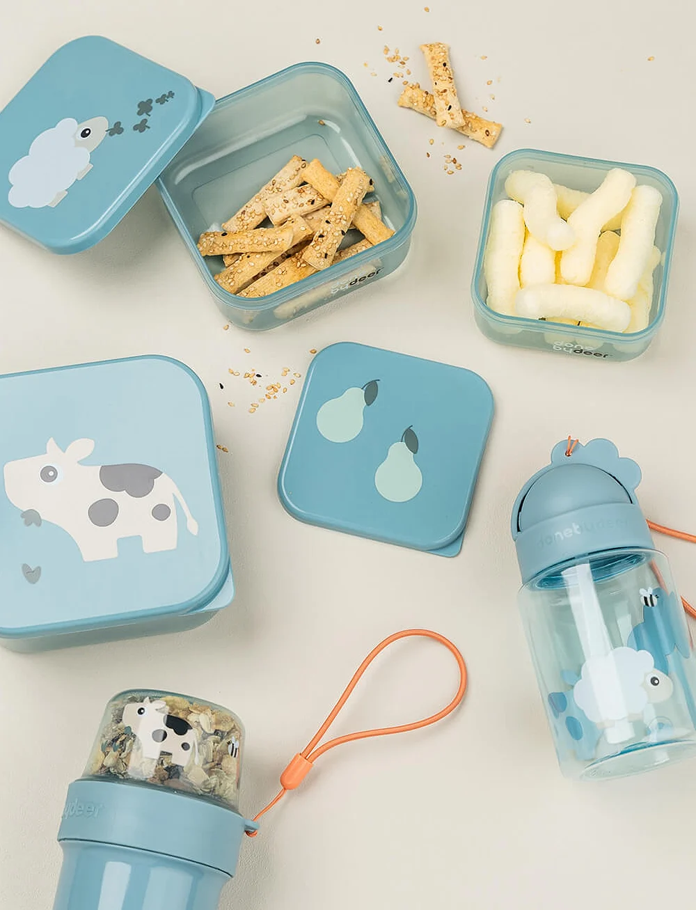 Done by Deer - Snack box set 3 pcs Tiny farm Blue - lõunasöögikarbid - blue - 2