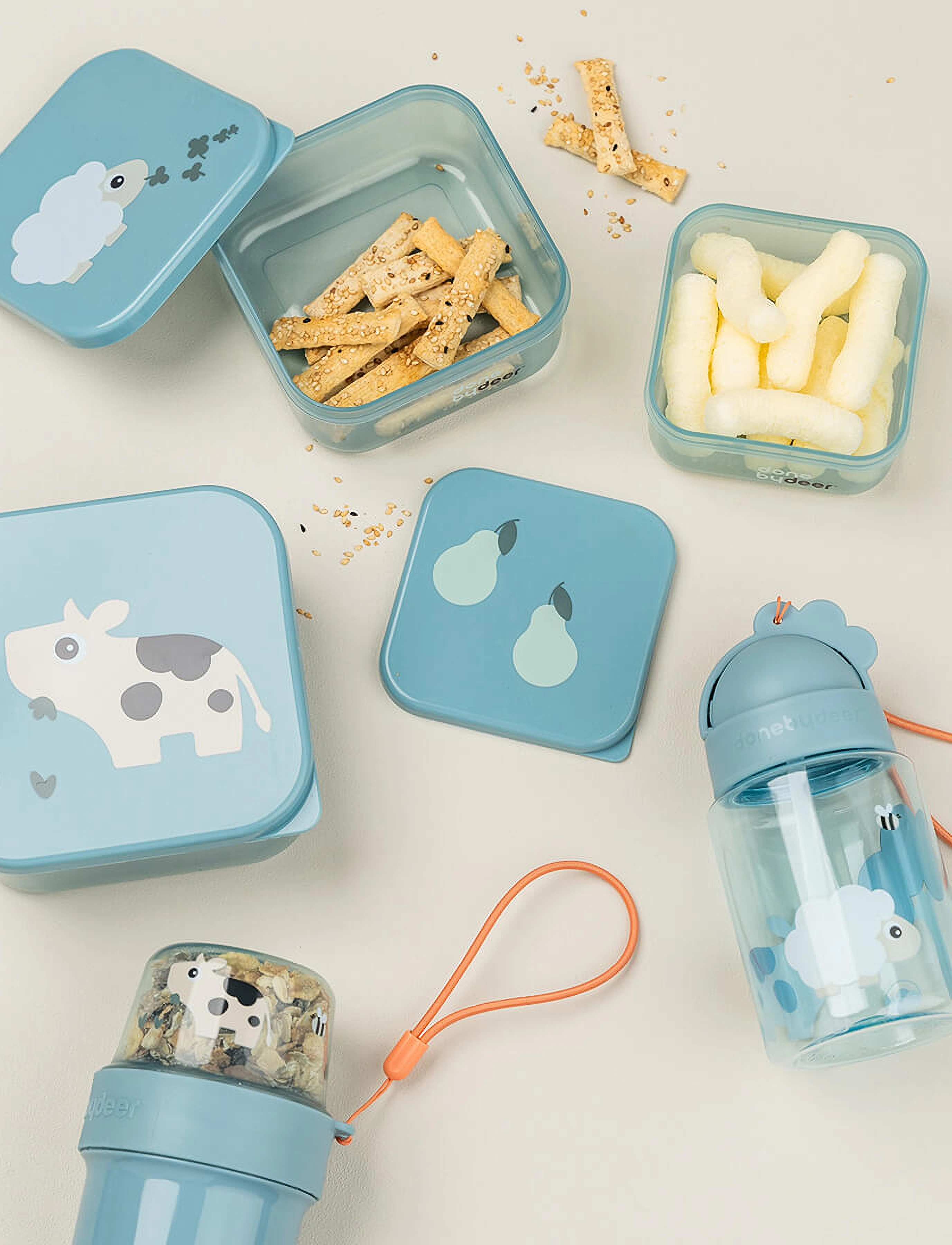 Done by Deer - Snack box set 3 pcs Tiny farm Blue - lunch boxes - blue - 2