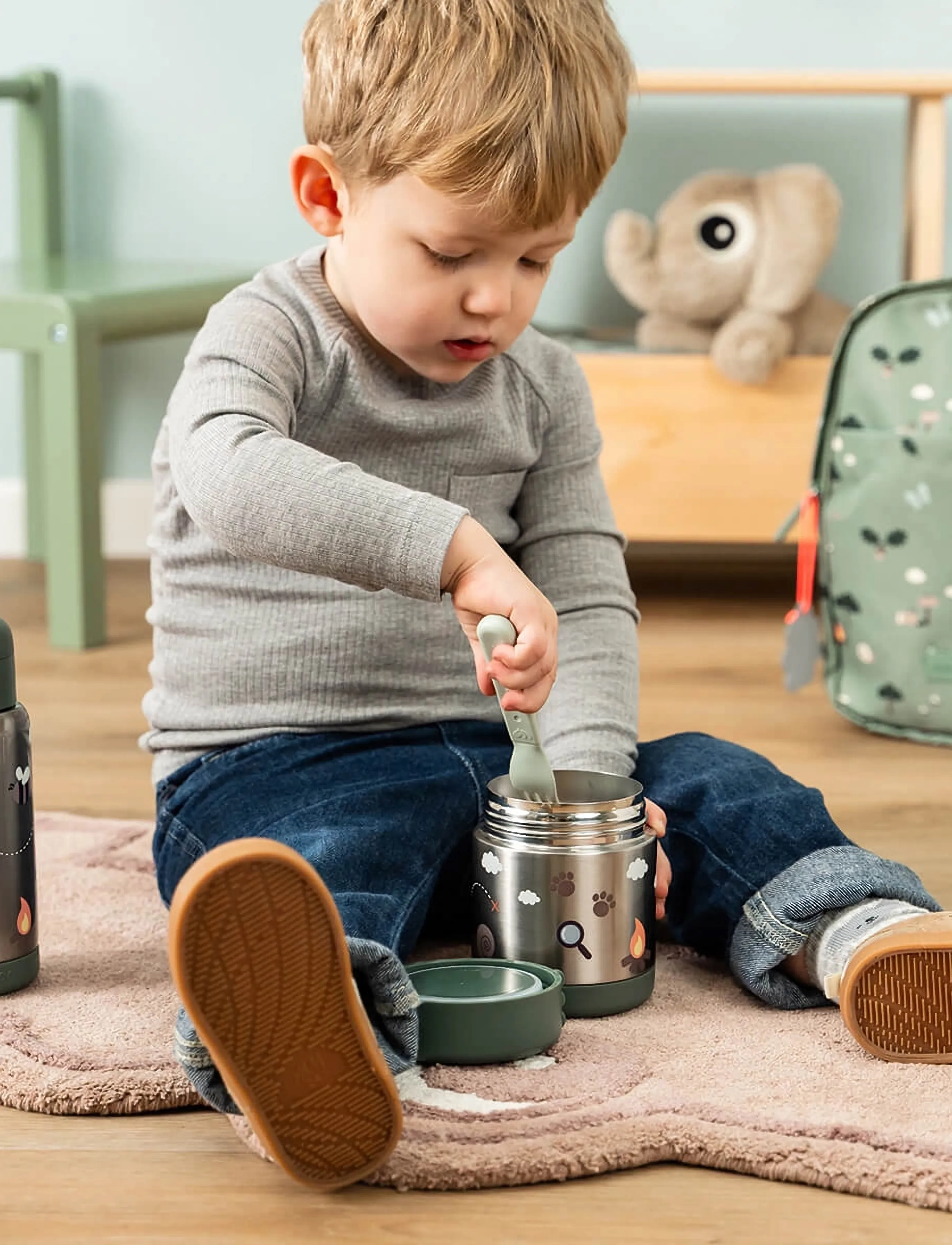 Done by Deer Insulated Food Jar Tiny Trails Green 300 Ml, Ø9X H 11 cm, Baby Feeding, Silber - Thermoses, Kinder