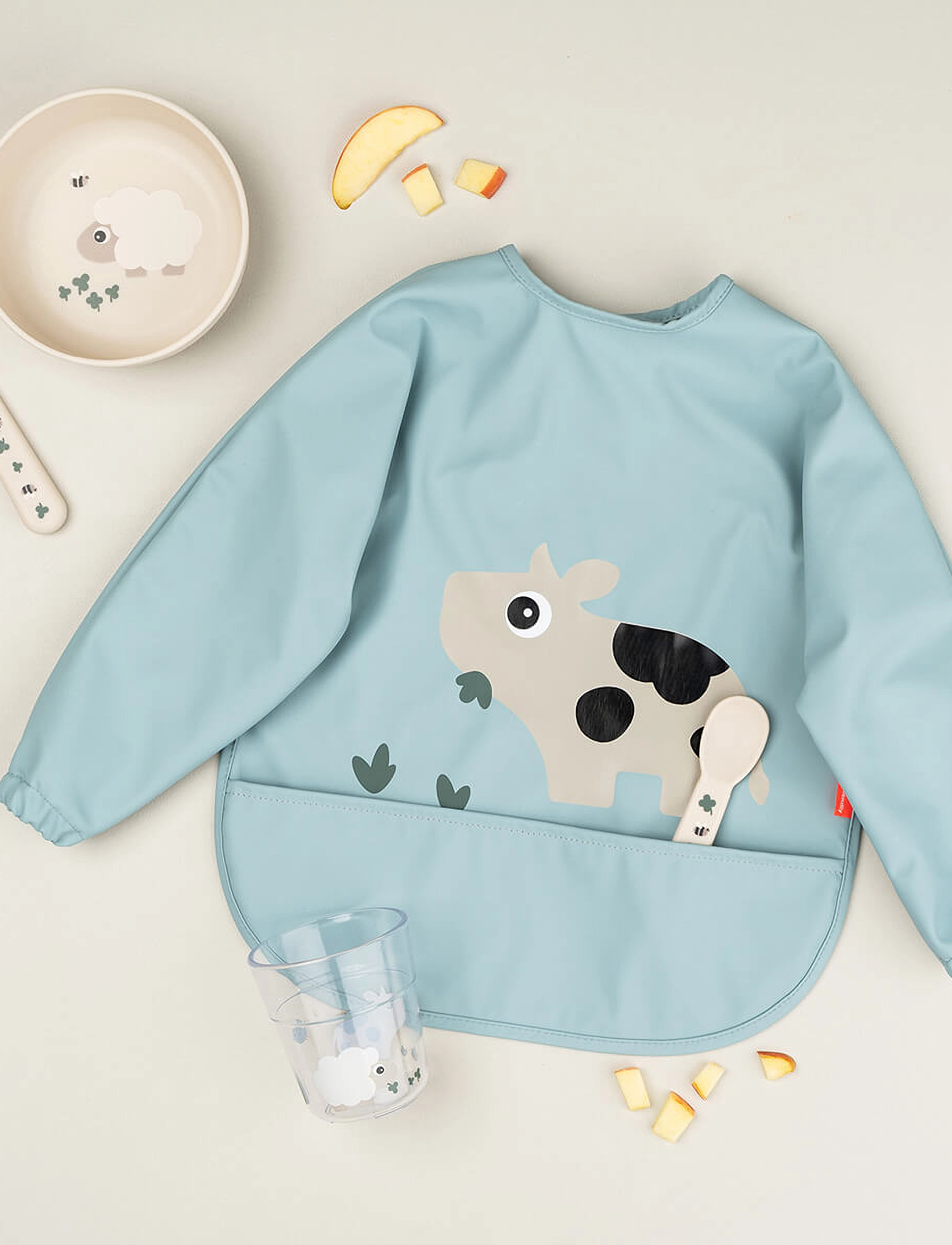 Done by Deer - Sleeved pocket bib Tiny farm Blue - long sleeve bibs - blue - 3