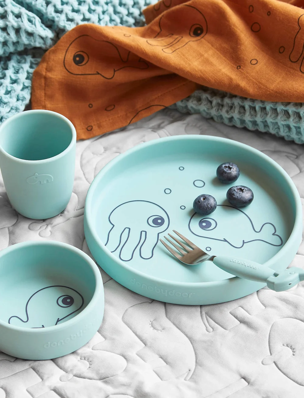 Done by Deer - Silicone dinner set Sea friends Blue - matarsett - blue - 0