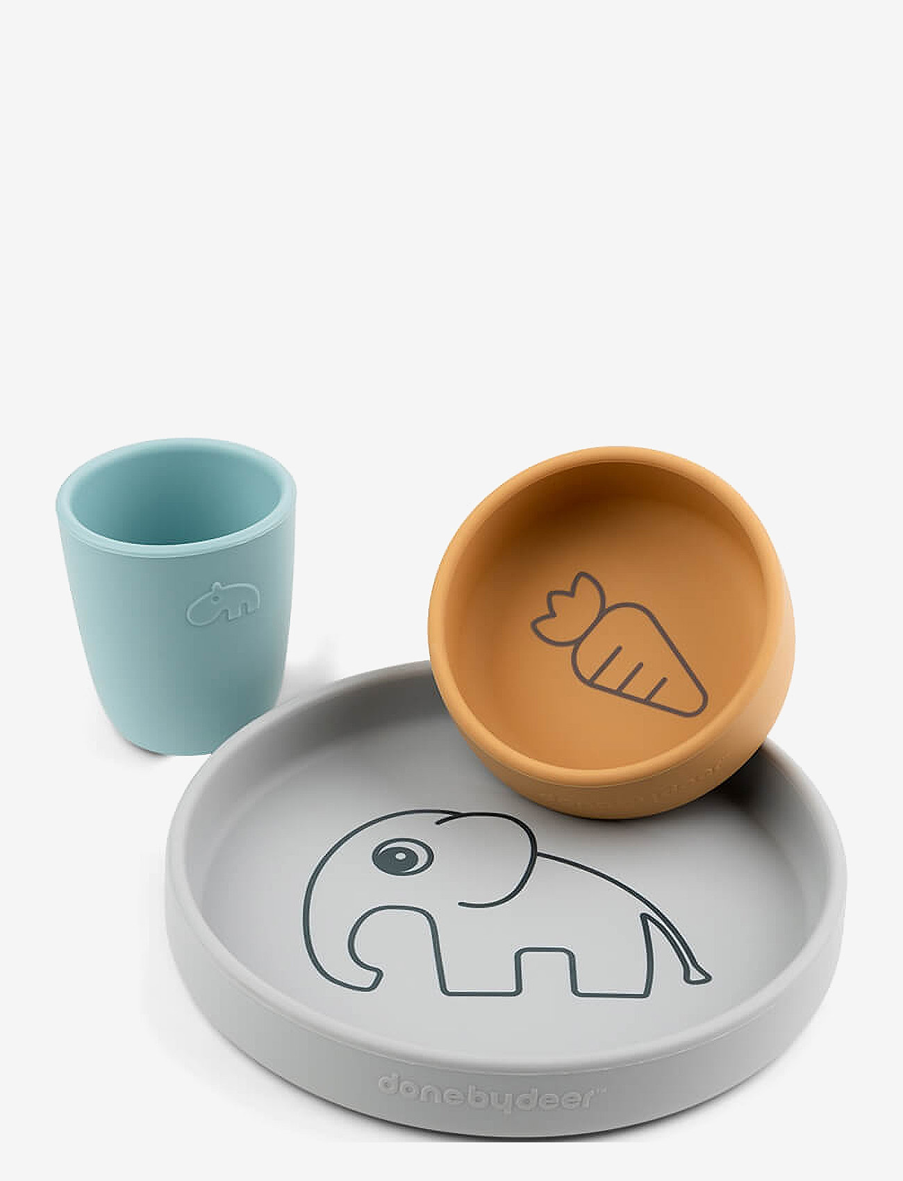 Done by Deer Silicone Dinner Set Elphee Grey/Mustard/Blue, PLATE:Ø18X H 2.5 cm.BOWL:Ø10X H 3.5 cm.MUG:Ø6.6X H 7.5 cm, Multi/patterned, Måltid > Middag