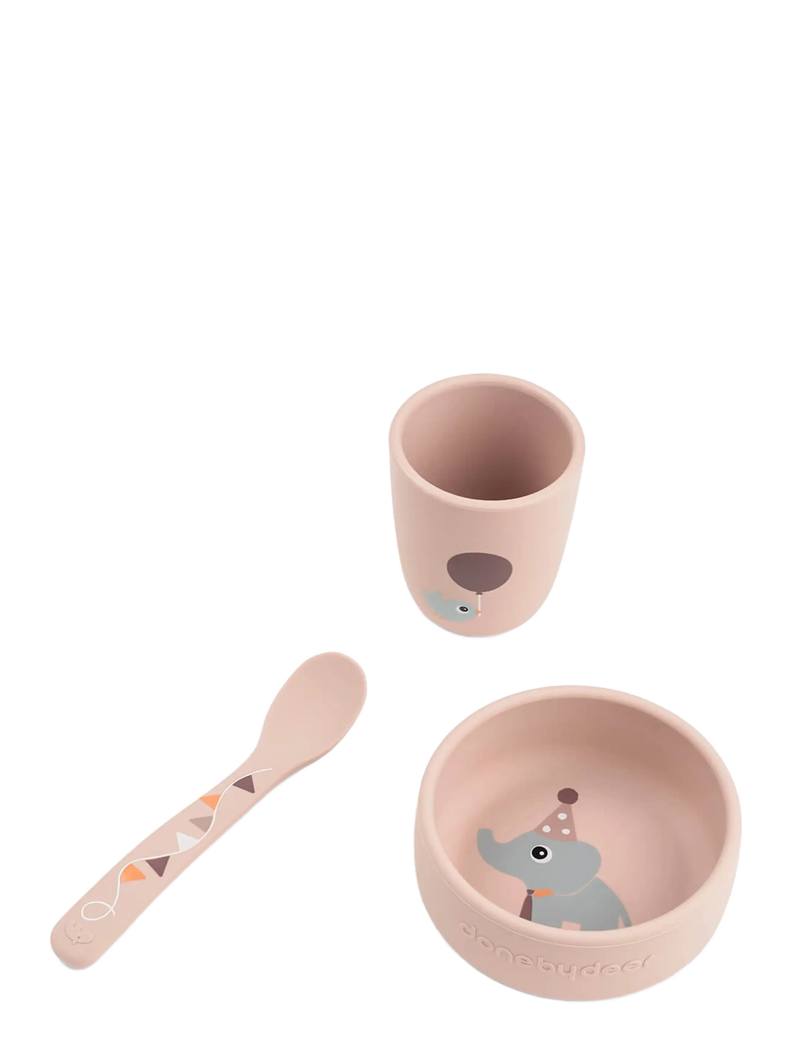 Done by Deer Stick&Stay First Meal Set Celebration Powder, Børn, Baby Spisesæt, Pink, Str: BOWL:Ø 10X H 4.2CM.MUG:Ø 6.6X H 7.5CM.SPOON:14CM