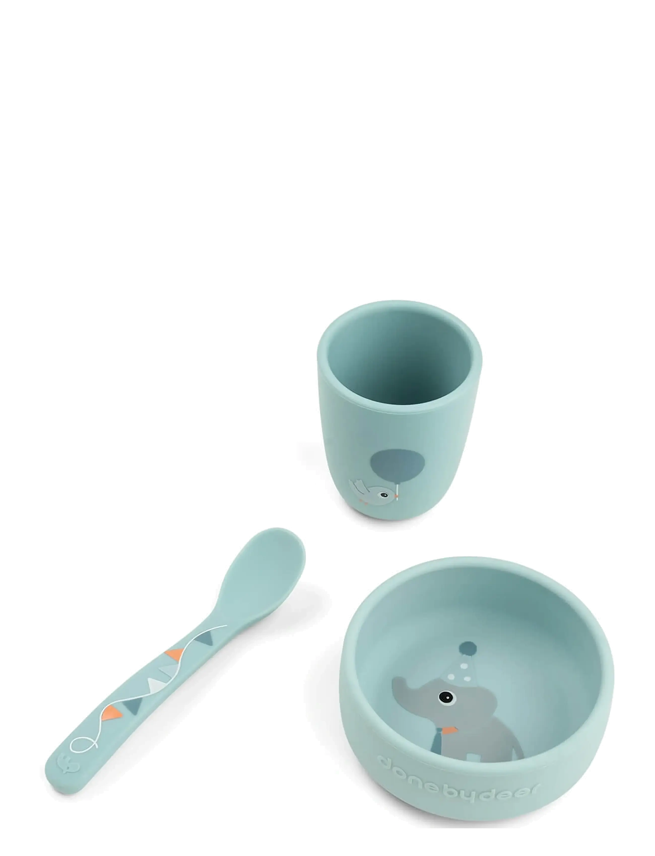 Done by Deer Stick&Stay First Meal Set Celebration Blue, Dinner Sæt, Blå, Str: BOWL:Ø 10X H 4.2CM.MUG:Ø 6.6X H 7.5CM.SPOON:14CM
