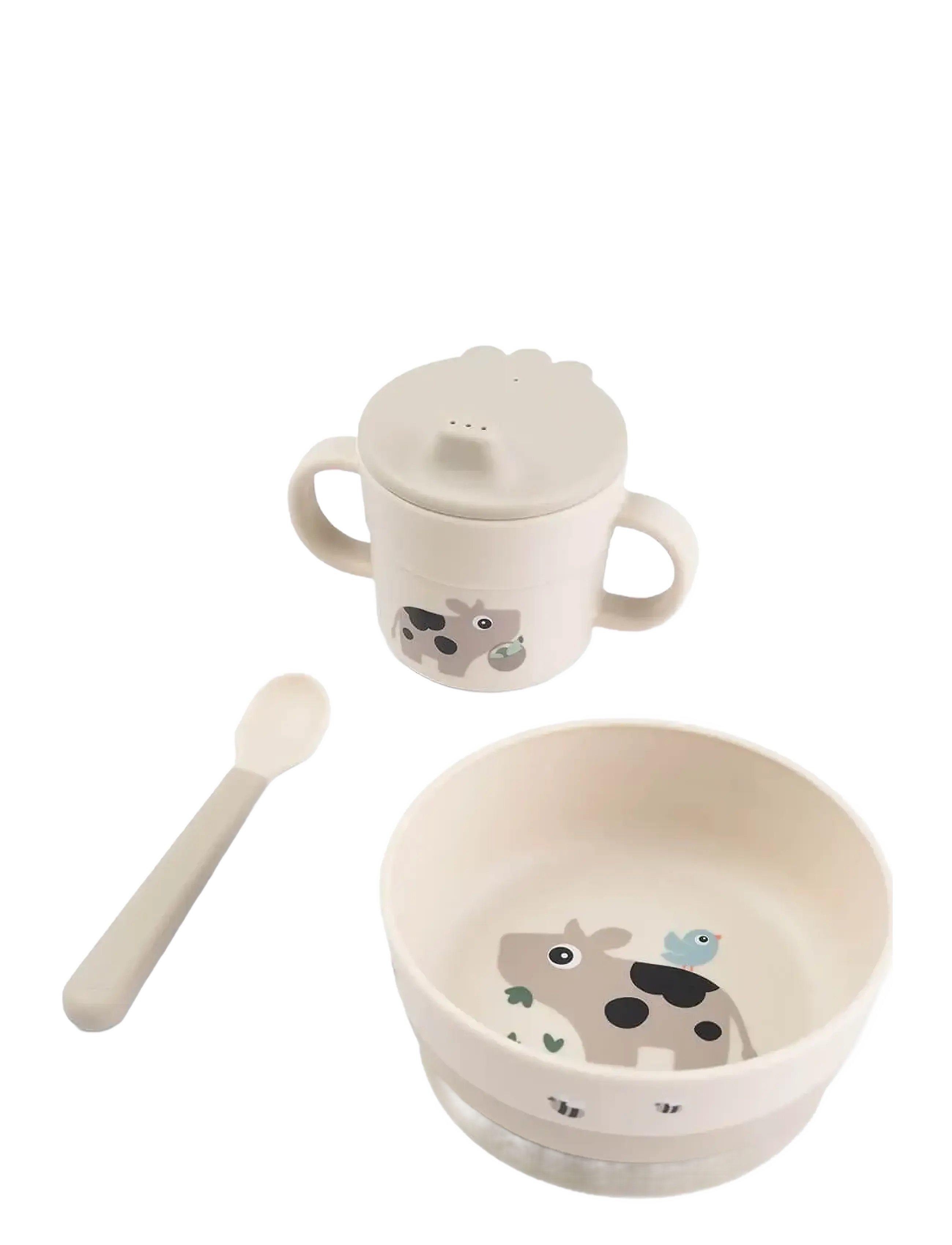 Done by Deer Foodie First Meal Set Suction Tiny Farm Sand, Dinner Sæt, Multi/mønstret, Str: BOWL:12.5X H 5.5CM.CUP:8X H 9CM.SPOON:14CM.BOWL:350ML.CUP: