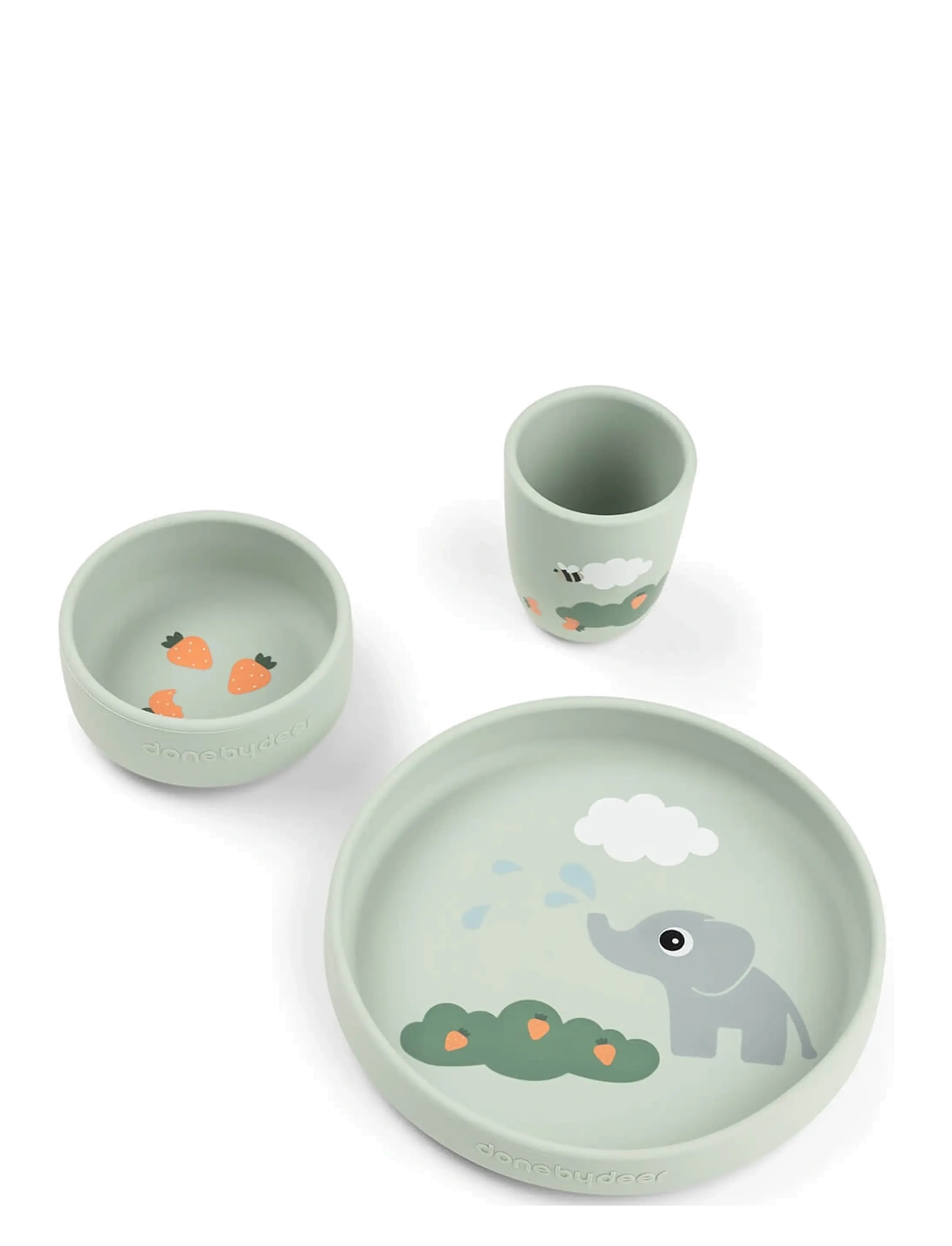 Done by Deer Stick&Stay Dinner Set Elphee Green, Dinner Sæt, Grøn, Str: PLATE:Ø 18X H 3CM.BOWL:Ø 10X H 4CM.MUG:Ø 6.6X H 7.5CM