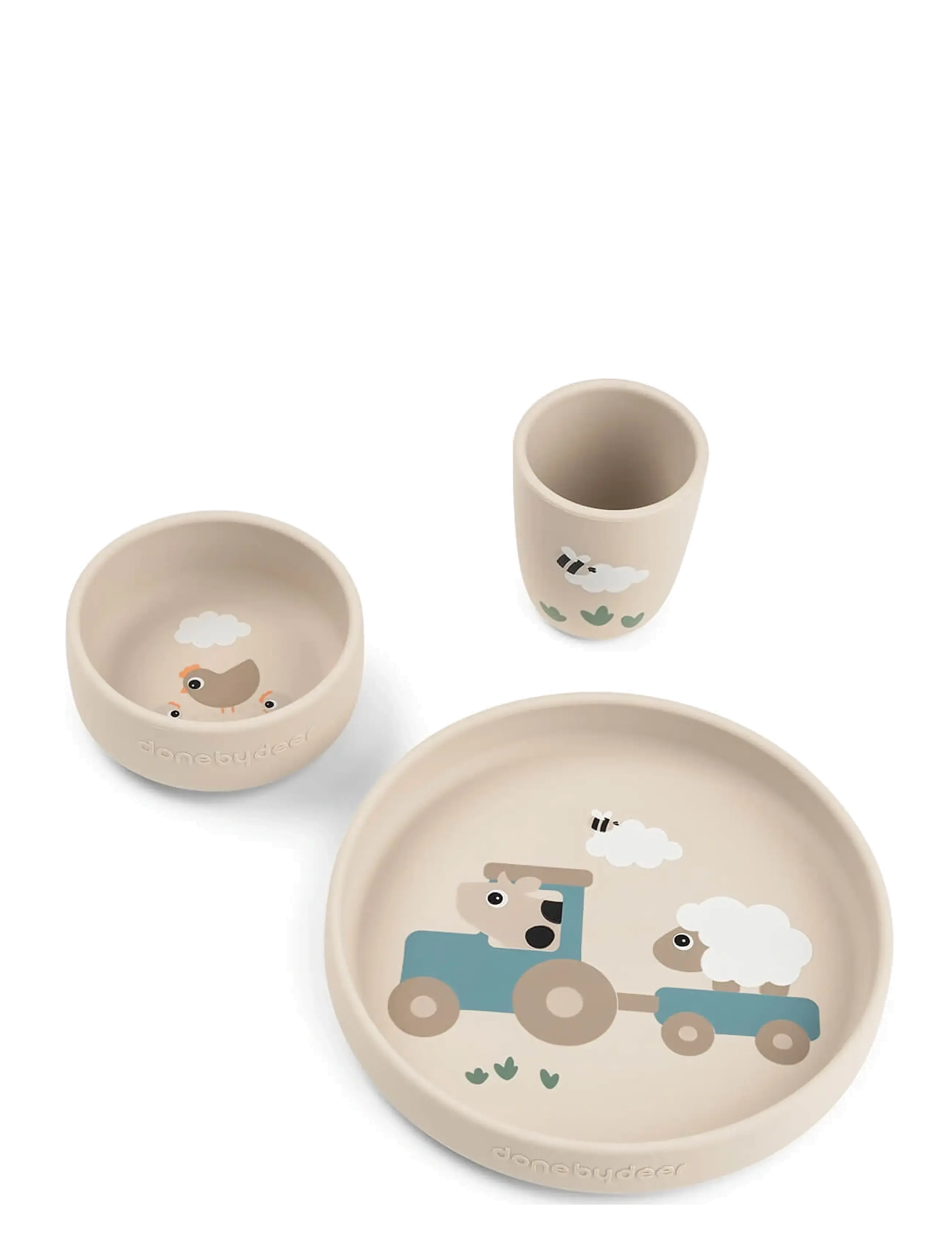 Done by Deer Stick&Stay Dinner Set Tiny Farm Sand, Kop & Mugs, Beige, Str: PLATE:Ø 18X H 3CM.BOWL:Ø 10X H 4CM.MUG:Ø 6.6X H 7.5CM