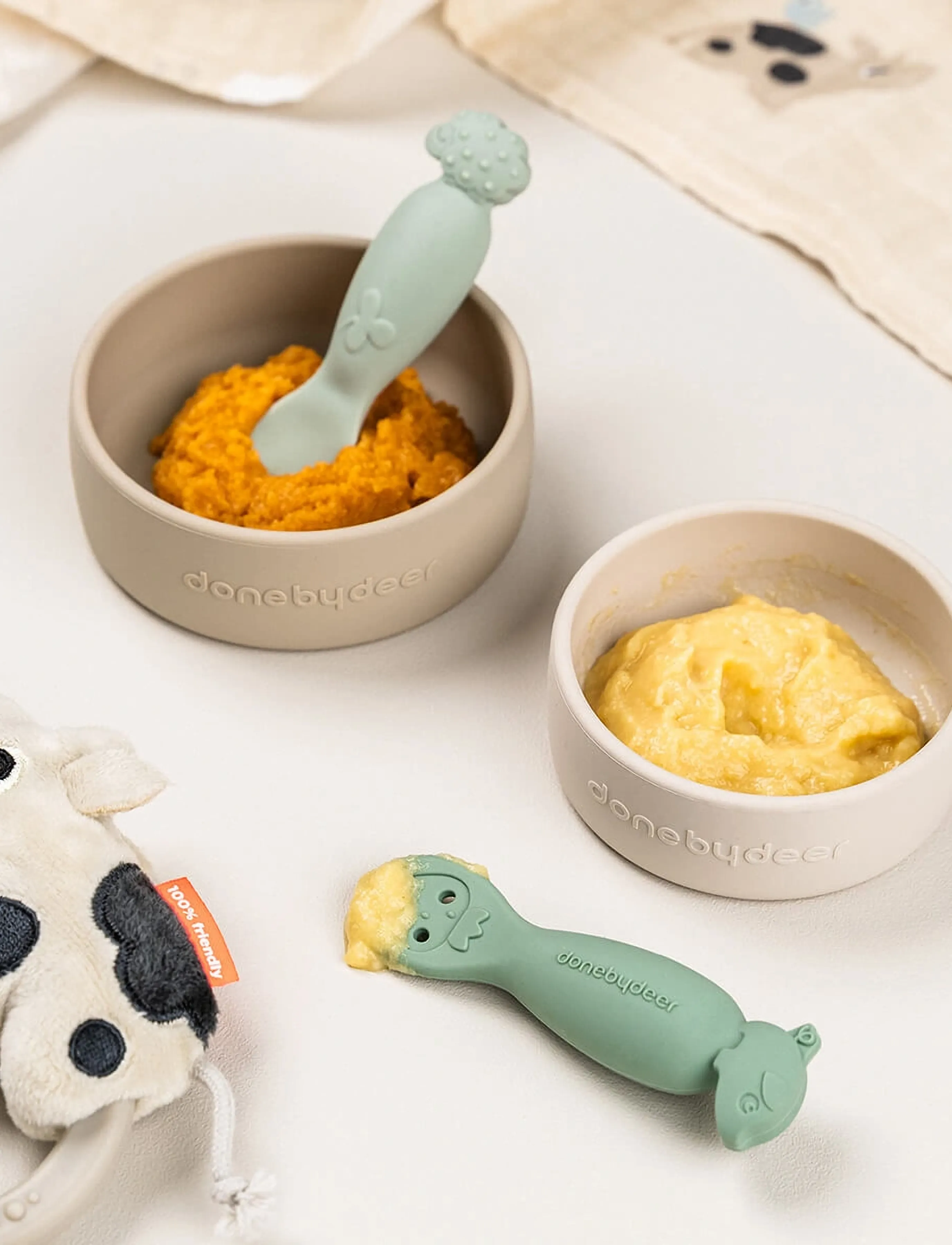 Done by Deer Silicone Bowl Set 2 Pcs Sheepy Sand, Ø10X H 3.5 cm ANDØ8.5X 3 cm, Plates & Bowls, Beige - Kinder