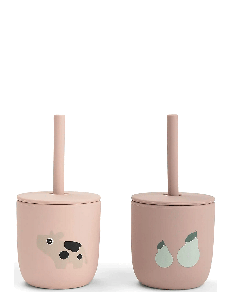 Done by Deer - Silicone straw cup 2-pack Tiny farm Powder - schnabeltassen - powder - 1