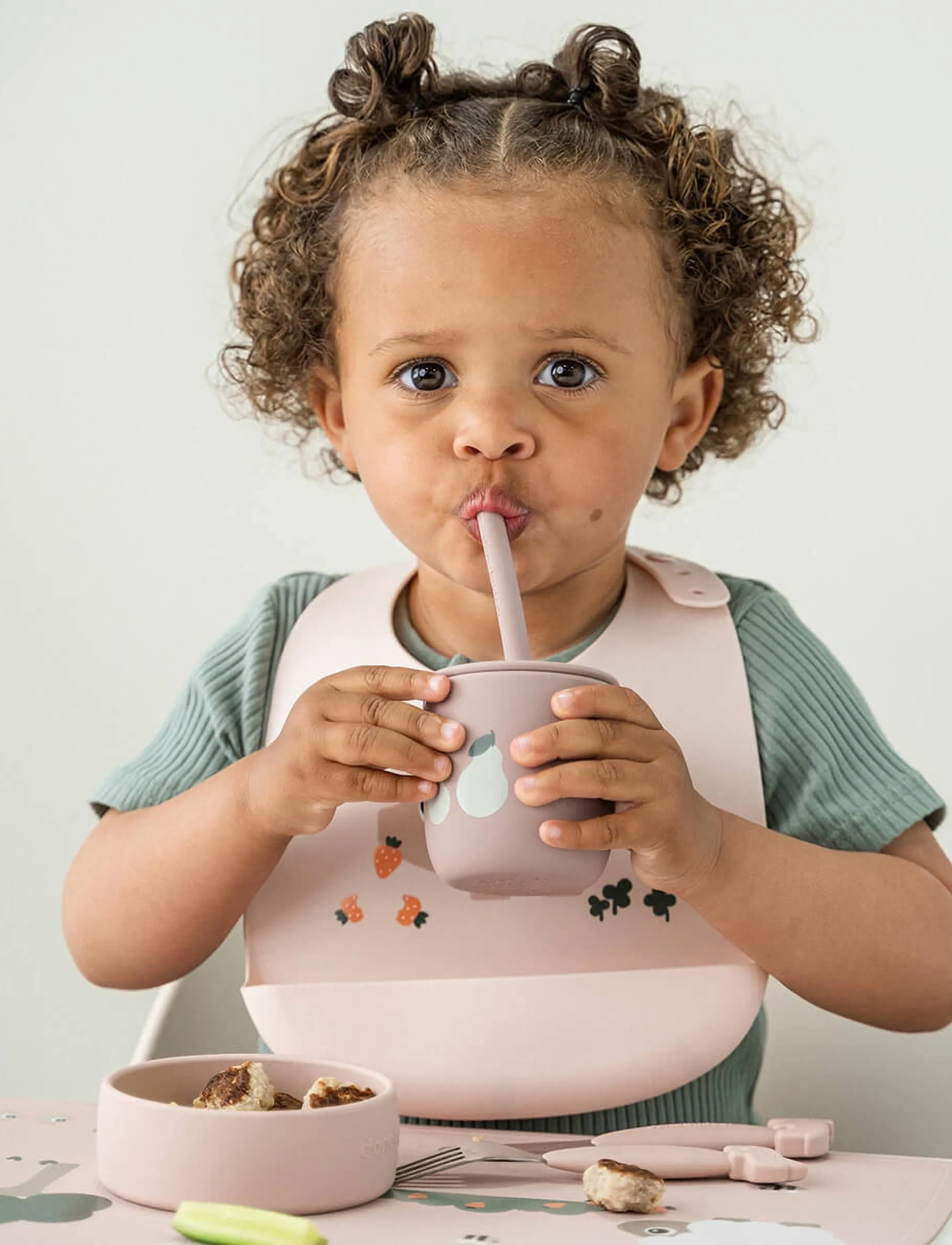 Done by Deer Silicone Straw Cup 2-Pack Tiny Farm Powder, CUP:Ø 7X H 7 cm.STRAW:13.5 cm, Baby Feeding, Rosa - Sippy Cups, Kinder