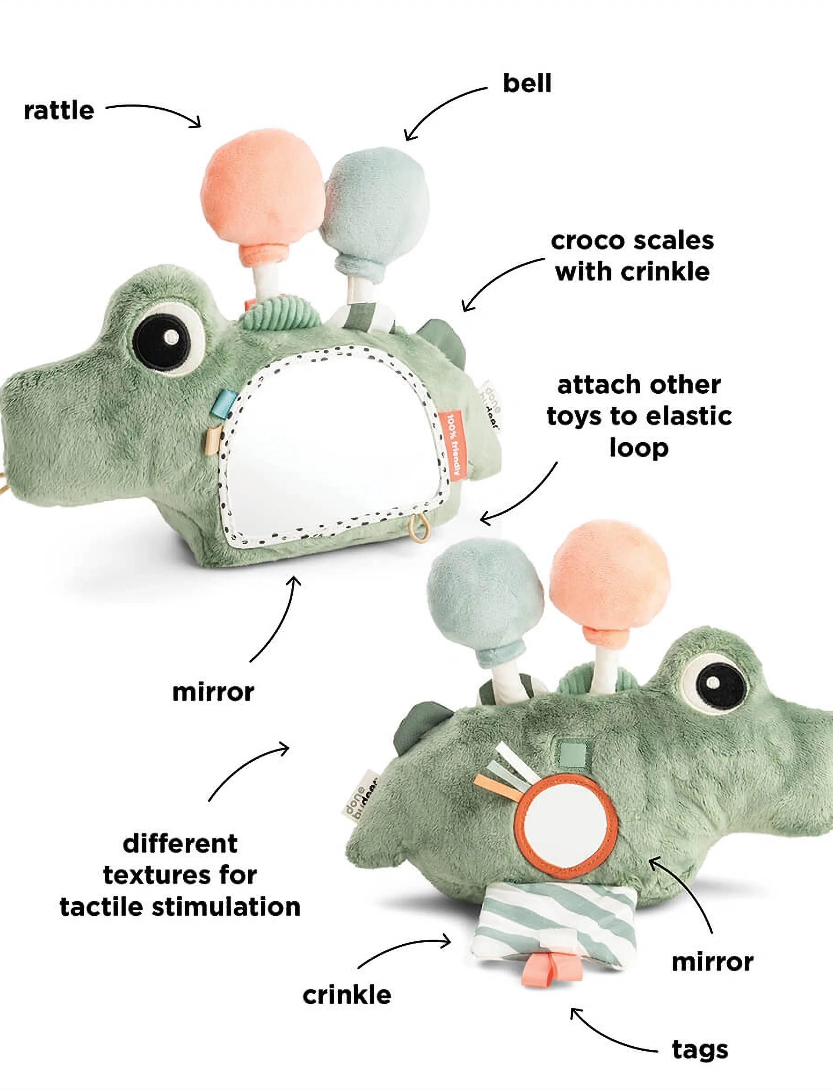 Done by Deer - Activity floor mirror Croco Green - stuffed toys - green - 4