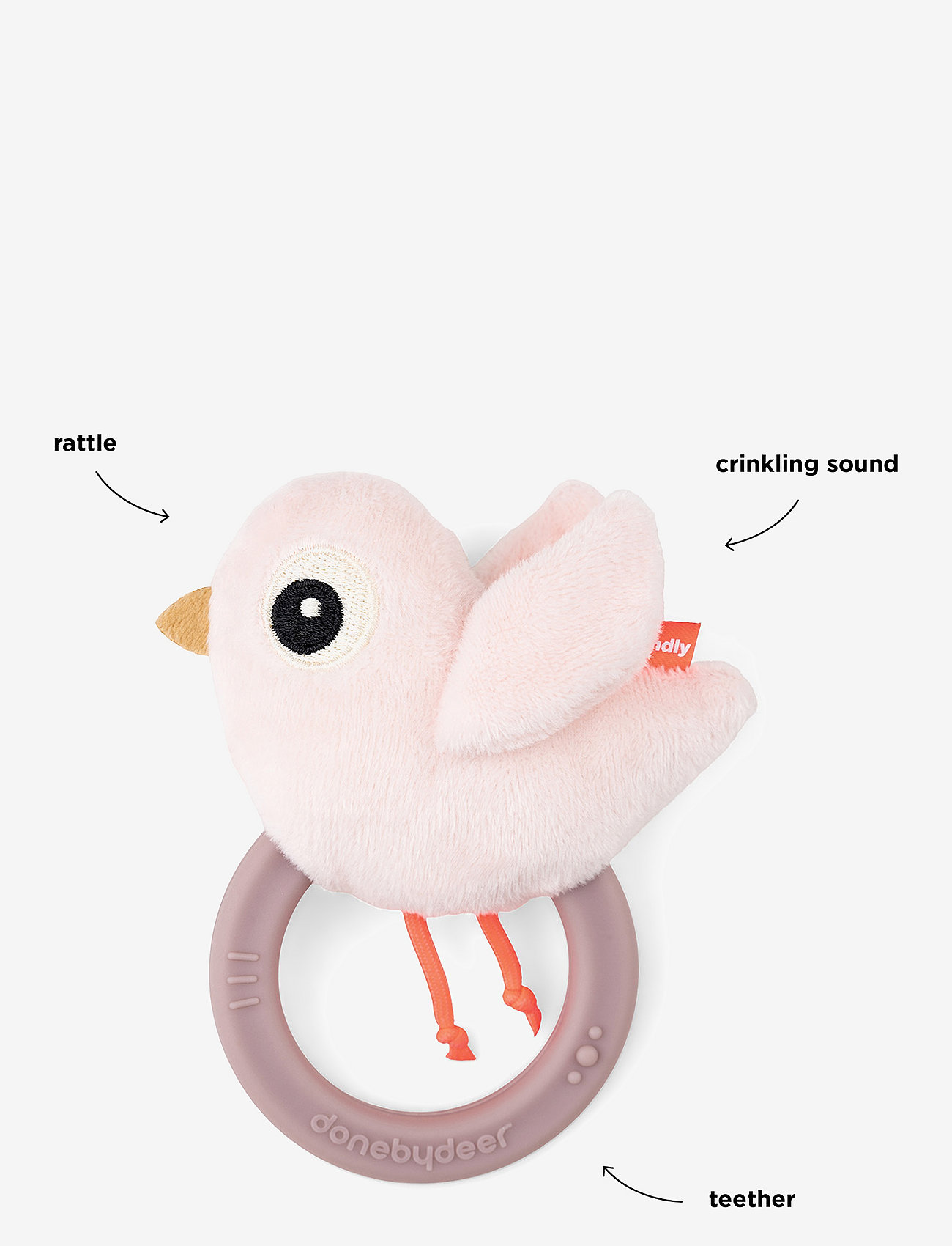 Done by Deer - Sensory rattle w/teether Birdee Powder - teething toys - powder - 3