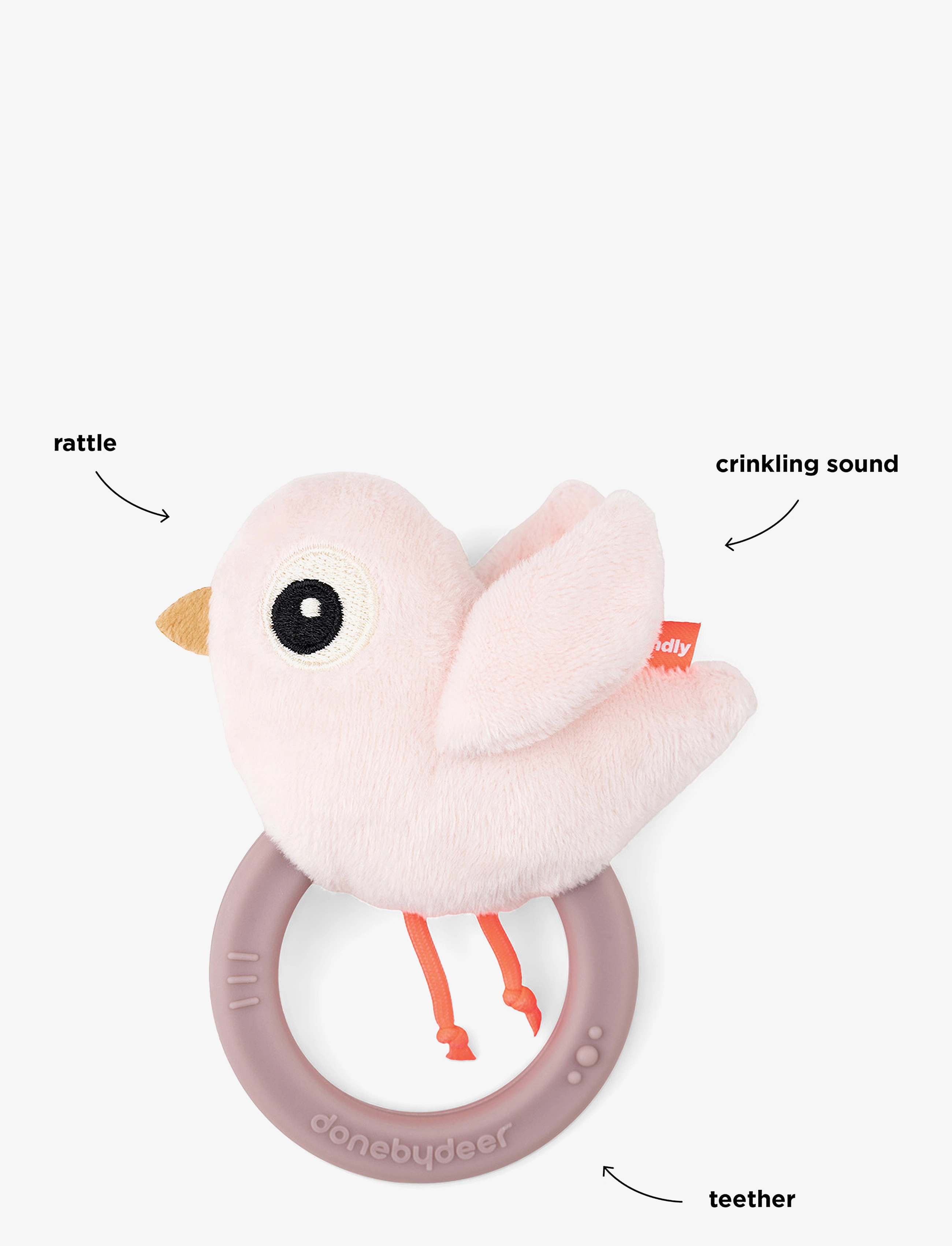 Done by Deer - Sensory rattle w/teether Birdee Powder - laveste priser - powder - 2