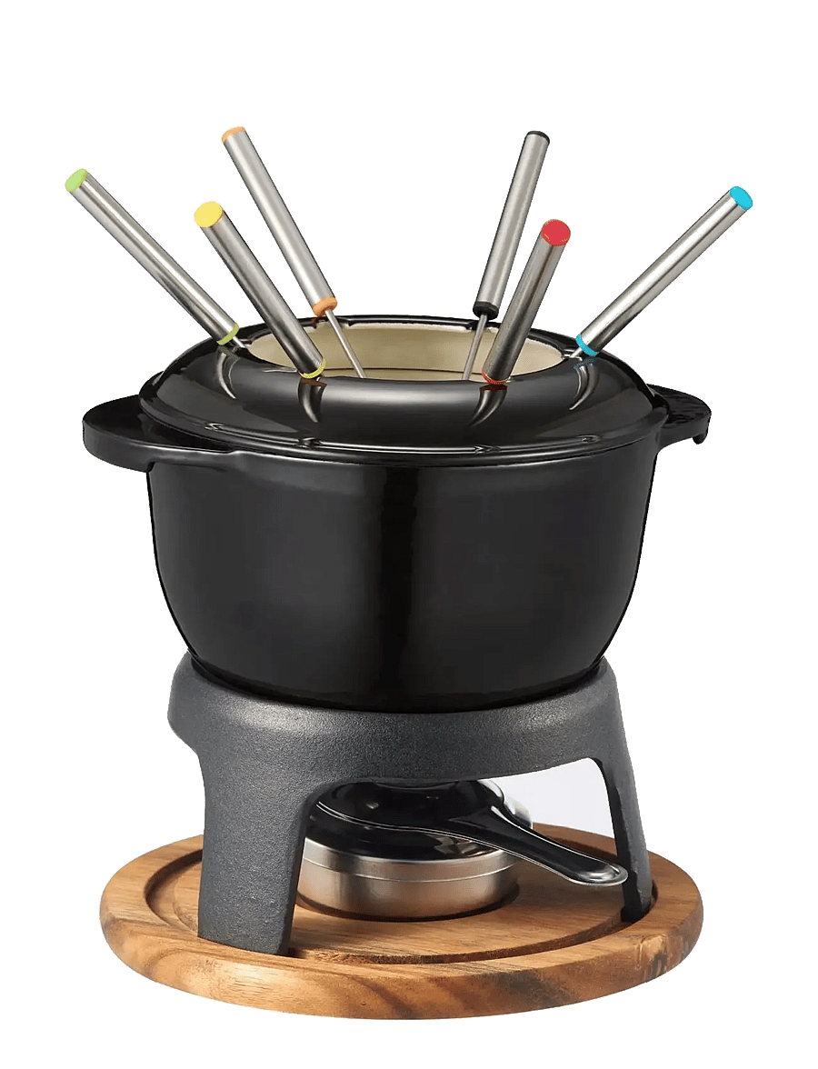 Dorre - Foni Fondue cast iron enamelled black acacia wood tray 21*18.4*9.8 cm - fondue - black - 1