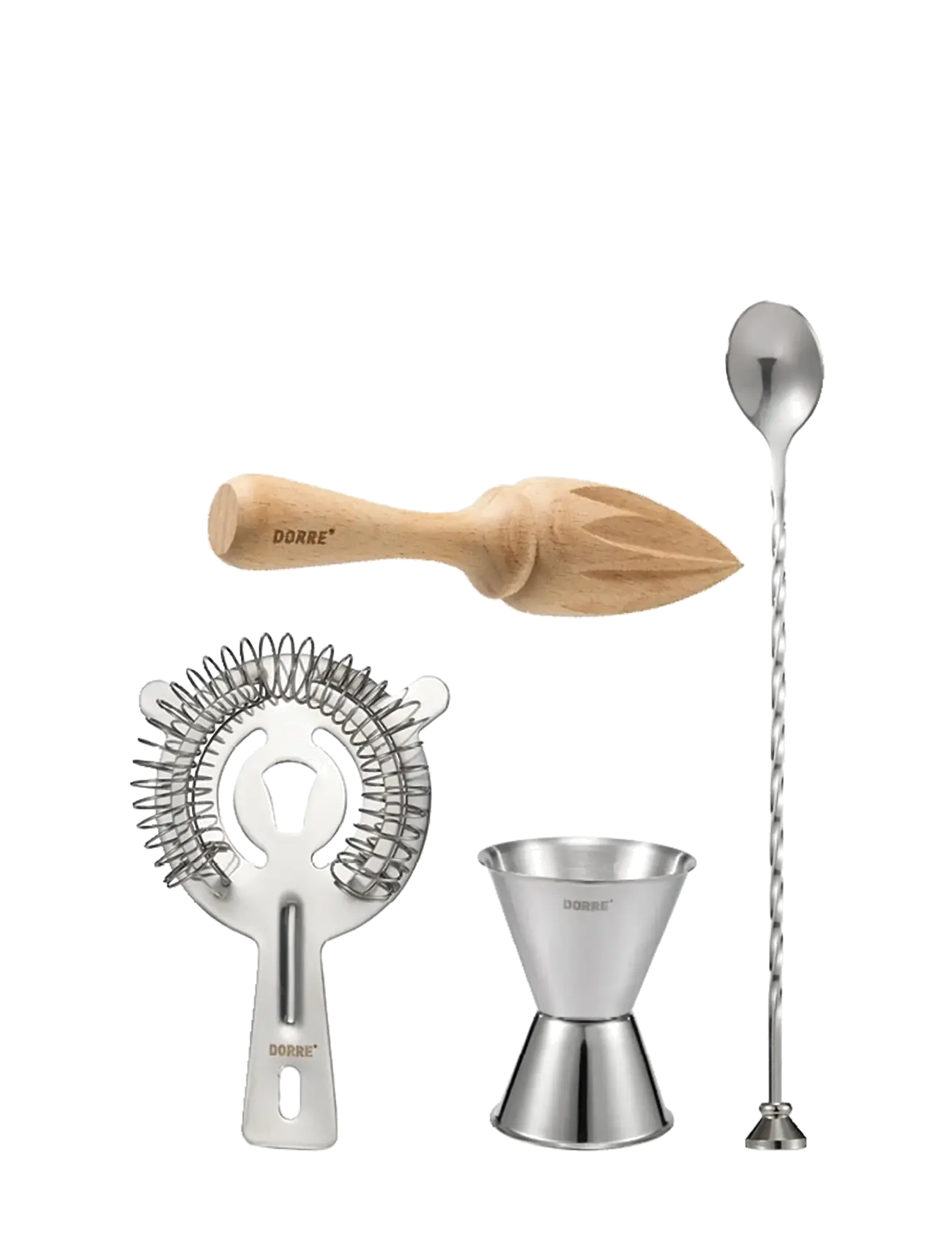 Dorre Bar Accessories Measuring Cup, Bar Spoon, Strainer, Citrus Press, Shaker og cocktailbestik, Sølv, Str: 14X 28X 16
