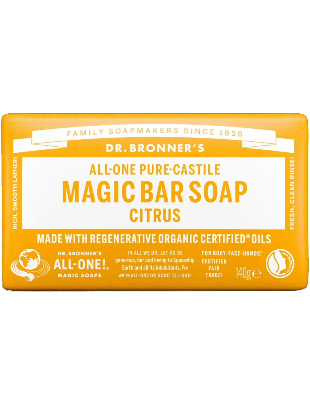 Dr. Bronner’s Citrus-Orange, Sæbestykke, Nude, Str: 140 g
