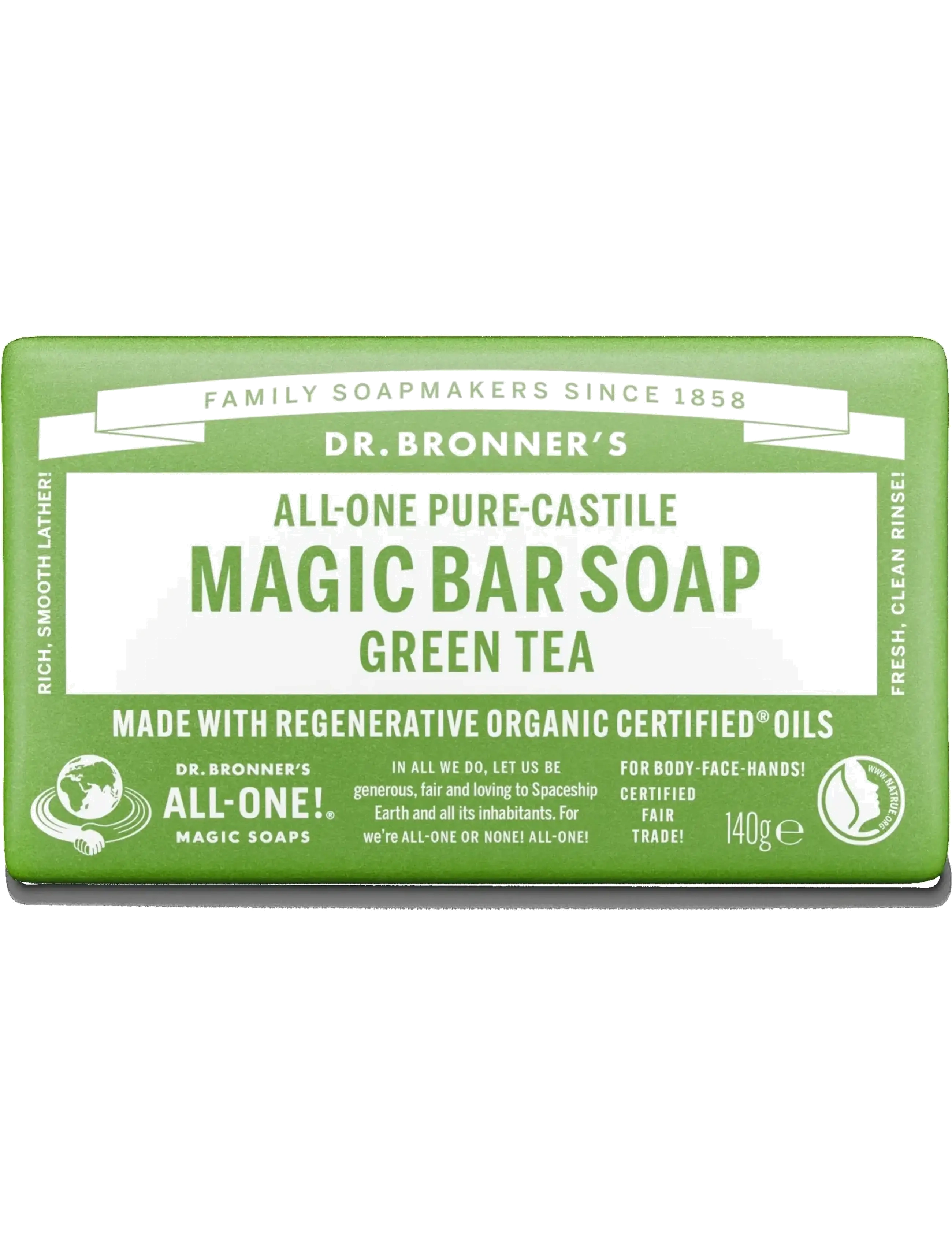Dr. Bronner’s Green Tea Bar Soap 140G, Sæbestykke, Grøn, Str: 140 G
