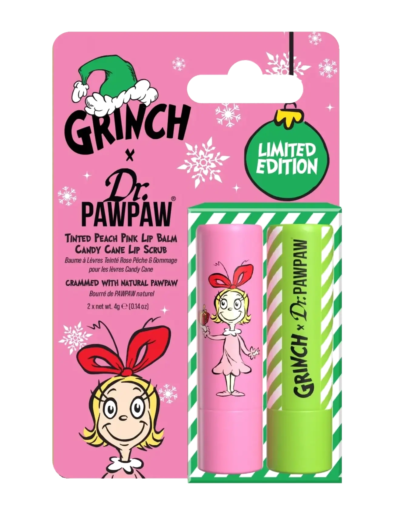 Dr.PawPaw The Grinch Sugar Scrub Stick & Peach Pink Duo, Læbepomade, Pink, Str: 8 G